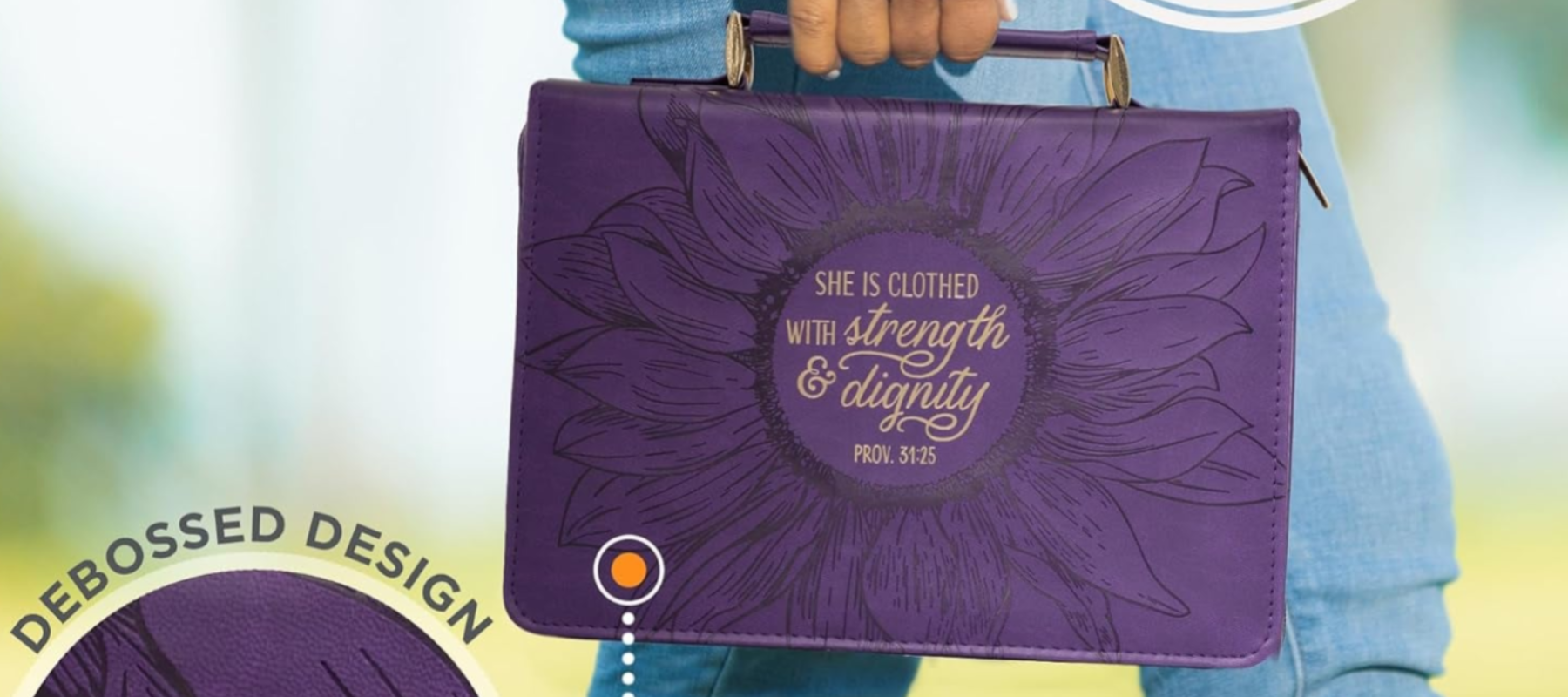 Amethyst color Bible cover woman is carrying