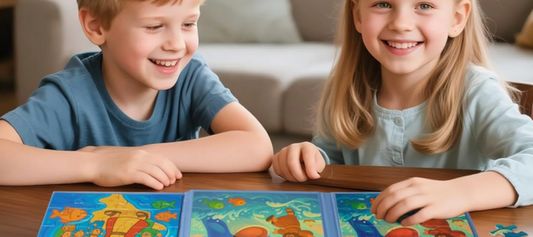 Two children playing with item on the table
