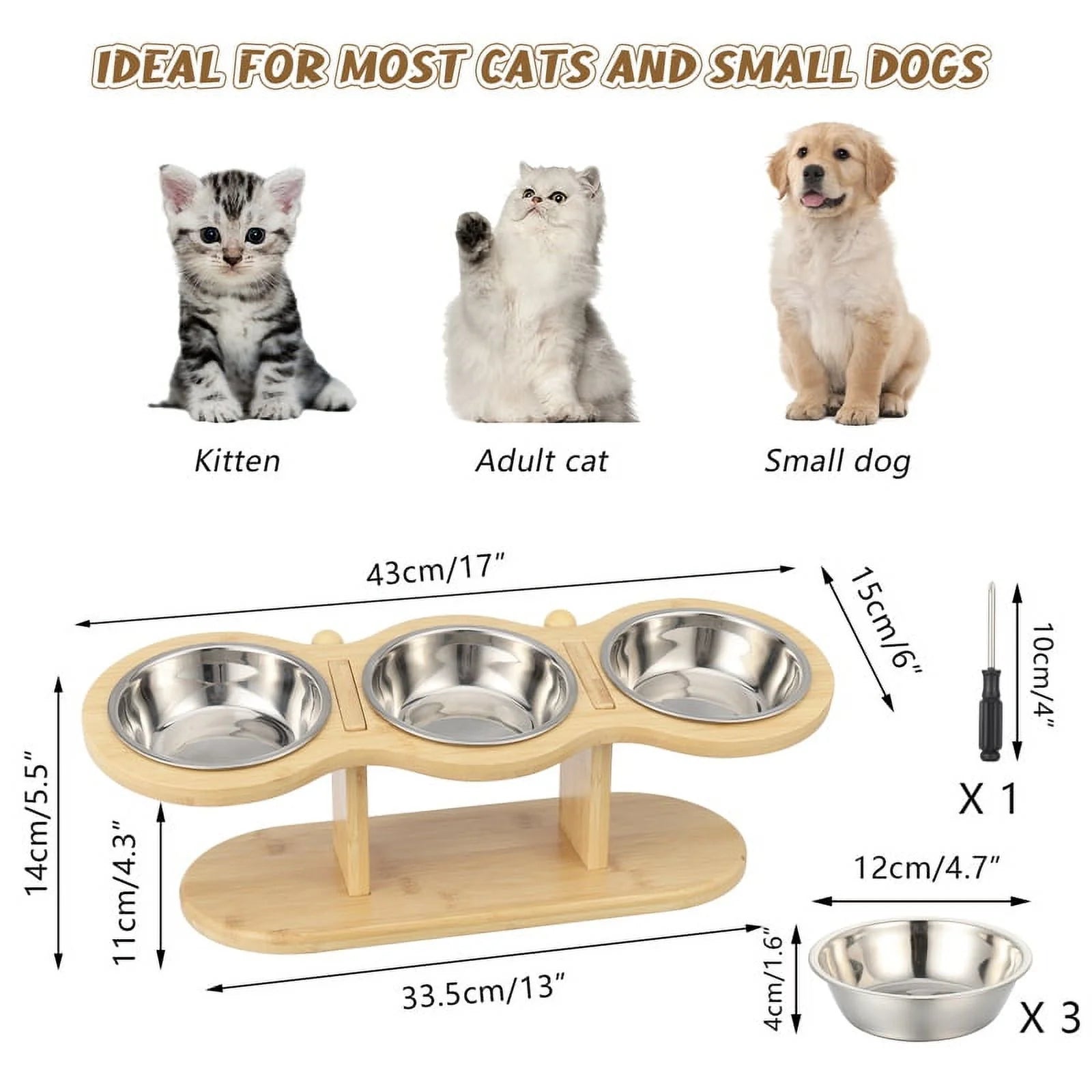 Wooden Elevated Cat Bowls, 15Â° Tilted Raised Pet Food Bowls, Adjustable Cat Dog Bowl Feeding Station with 3 Stainless Steel Bowls for Cats Puppy Small Dogs Feeder