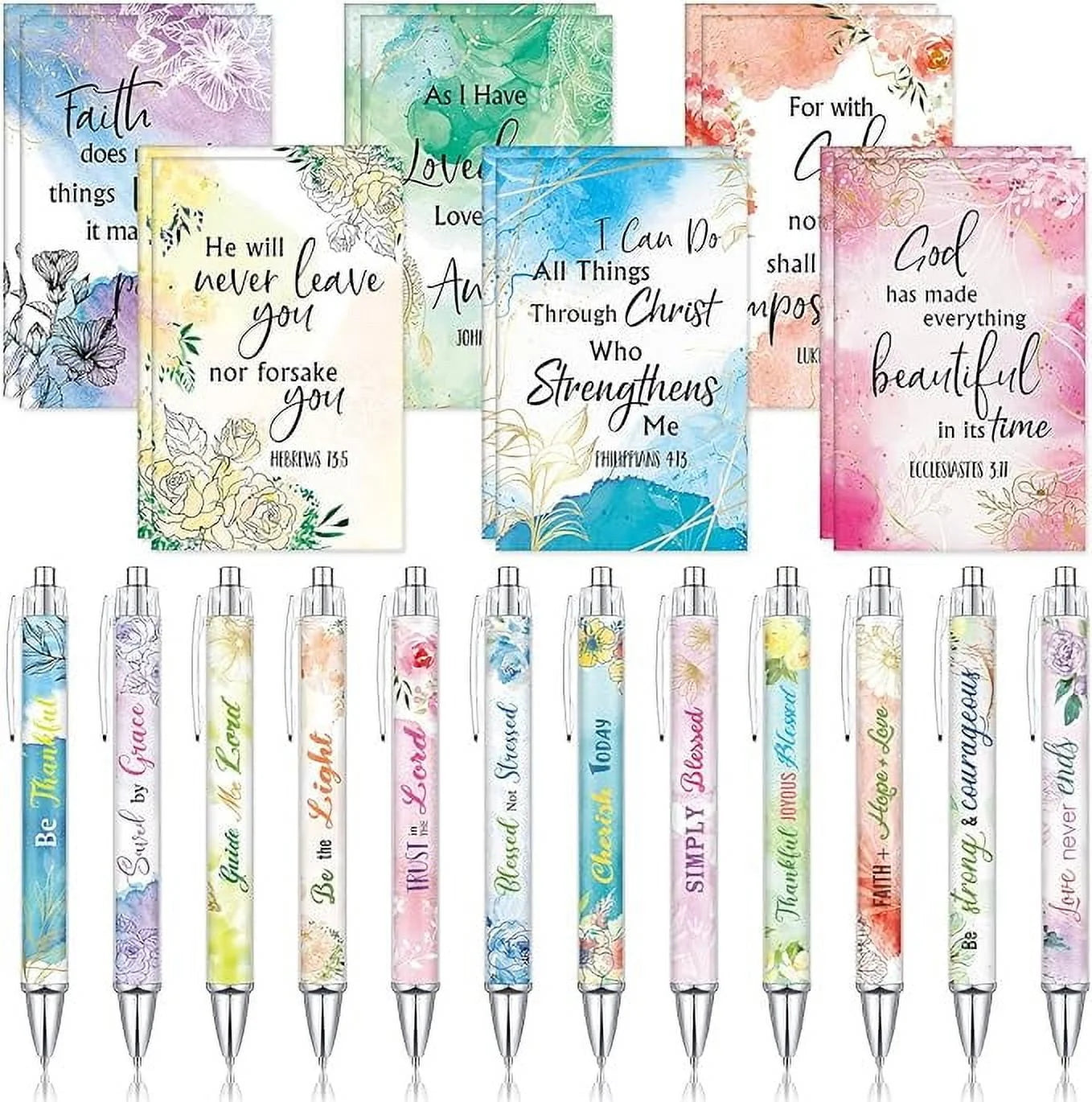 24 Pcs Christian Bulk Gifts for Women Bible Verse Pens Bible Notebooks Christian Gifts Set Scripture Ballpoint Pens Bible Quote Notepads Religious Notebooks Gifts for Women Men (Flower)