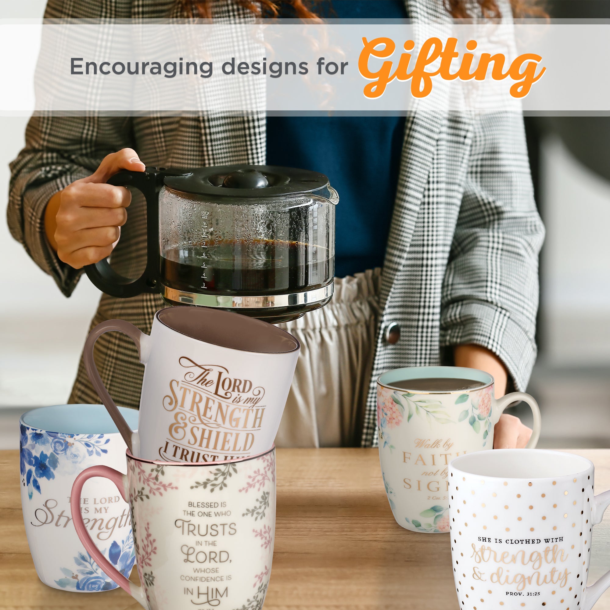 Inspirational Novelty Ceramic Coffee & Tea Scripture Mug for Women: Strength & Dignity Encouraging Bible Verse Proverb, Gold Polka Dots, Lead & Cadmium-Free Non-Toxic Cup, 12 Oz.