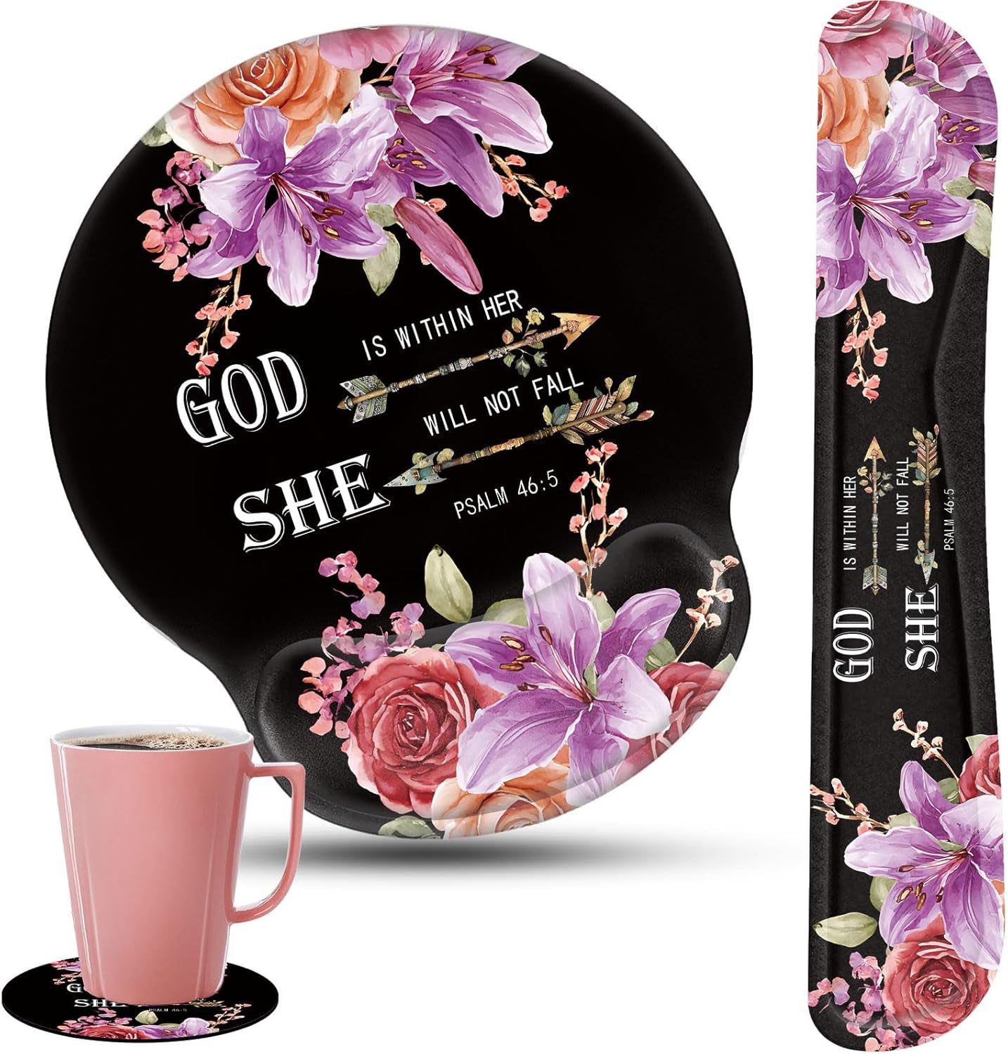 Keyboard Wrist Rest and Mouse Pad Wrist Support Set with Coasters,Ergonomic Gaming Mousepad for Home Office Working Studying Easy Typing & Pain Relief,Flower Bible Verse Psalm 46-5