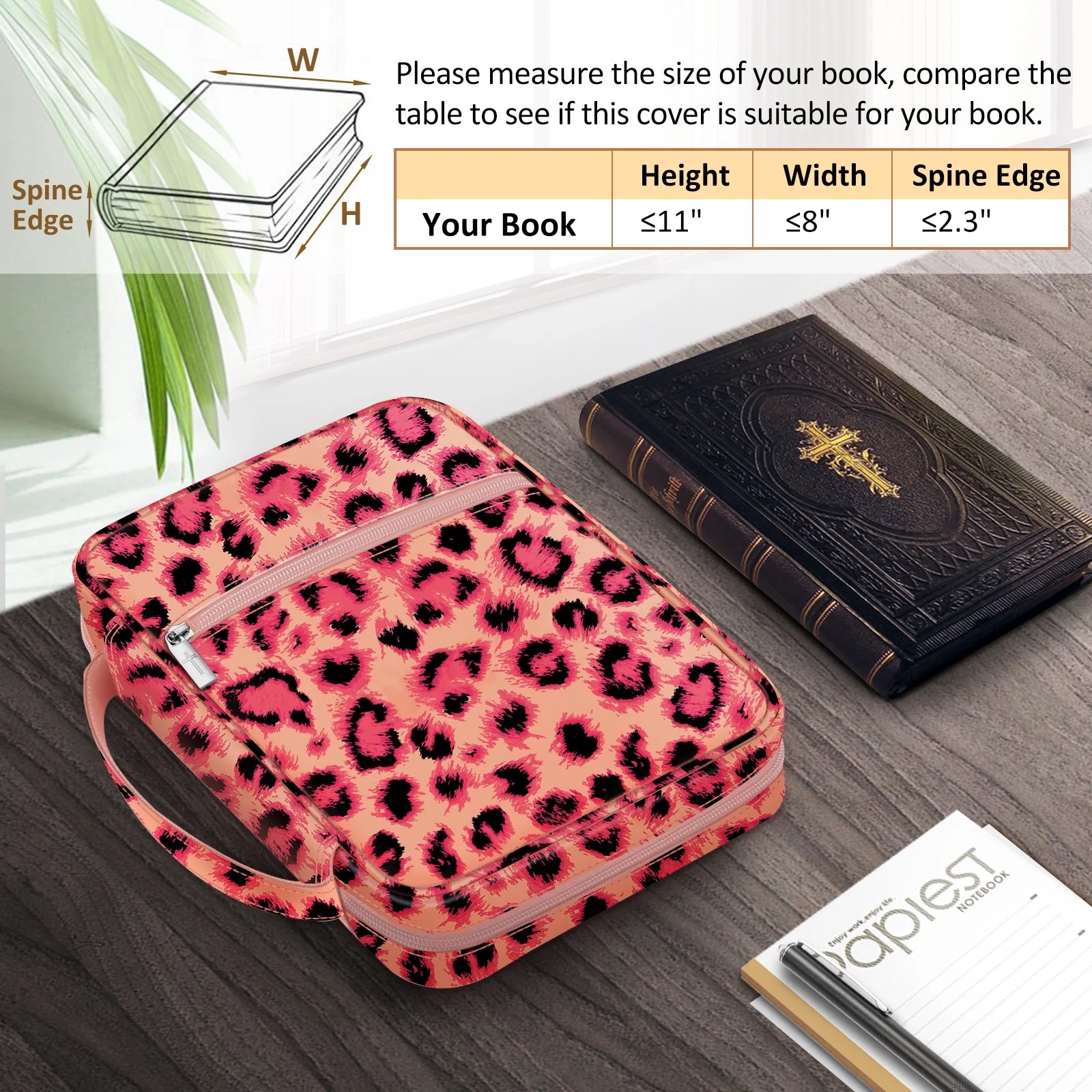Bible Cover, Carrying Book Case Church Bag Bible Protective with Handle and Zippered Pocket, Perfect Gift for Men Women Father, Pink Leopard