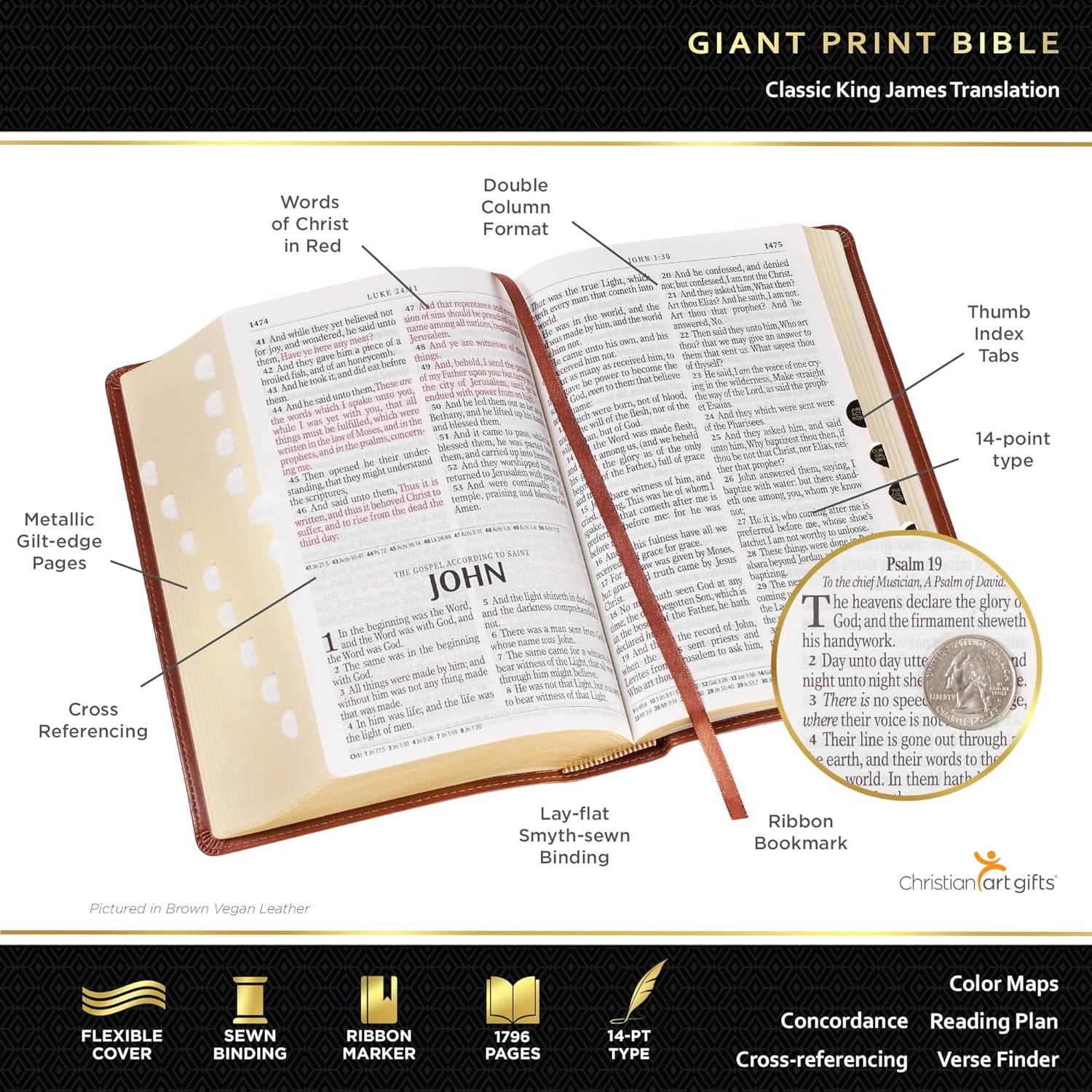 KJV Holy Bible Giant Print - Faux Leather, Red Letter, Thumb Index, Dark Brown
