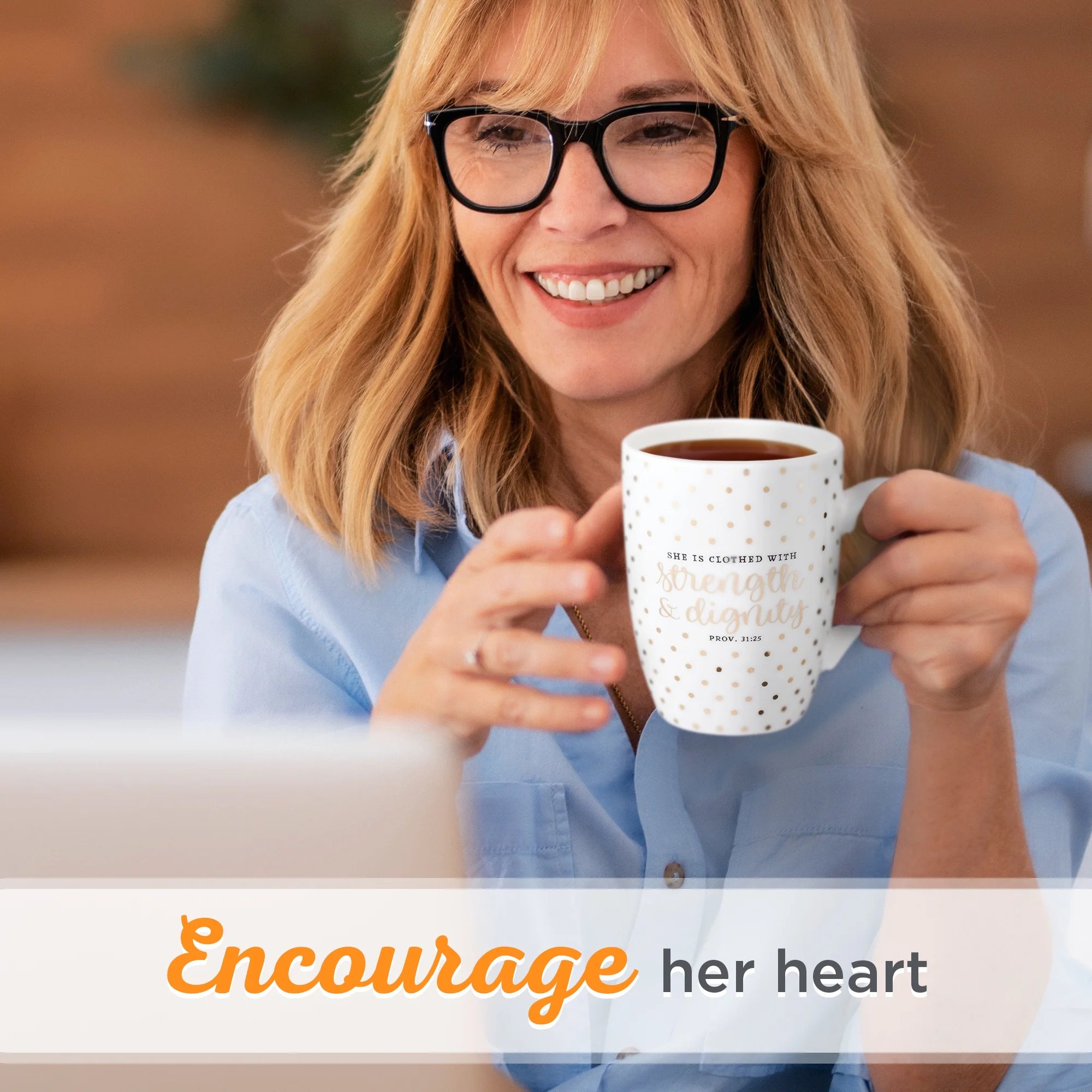 Inspirational Novelty Ceramic Coffee & Tea Scripture Mug for Women: Strength & Dignity Encouraging Bible Verse Proverb, Gold Polka Dots, Lead & Cadmium-Free Non-Toxic Cup, 12 Oz.