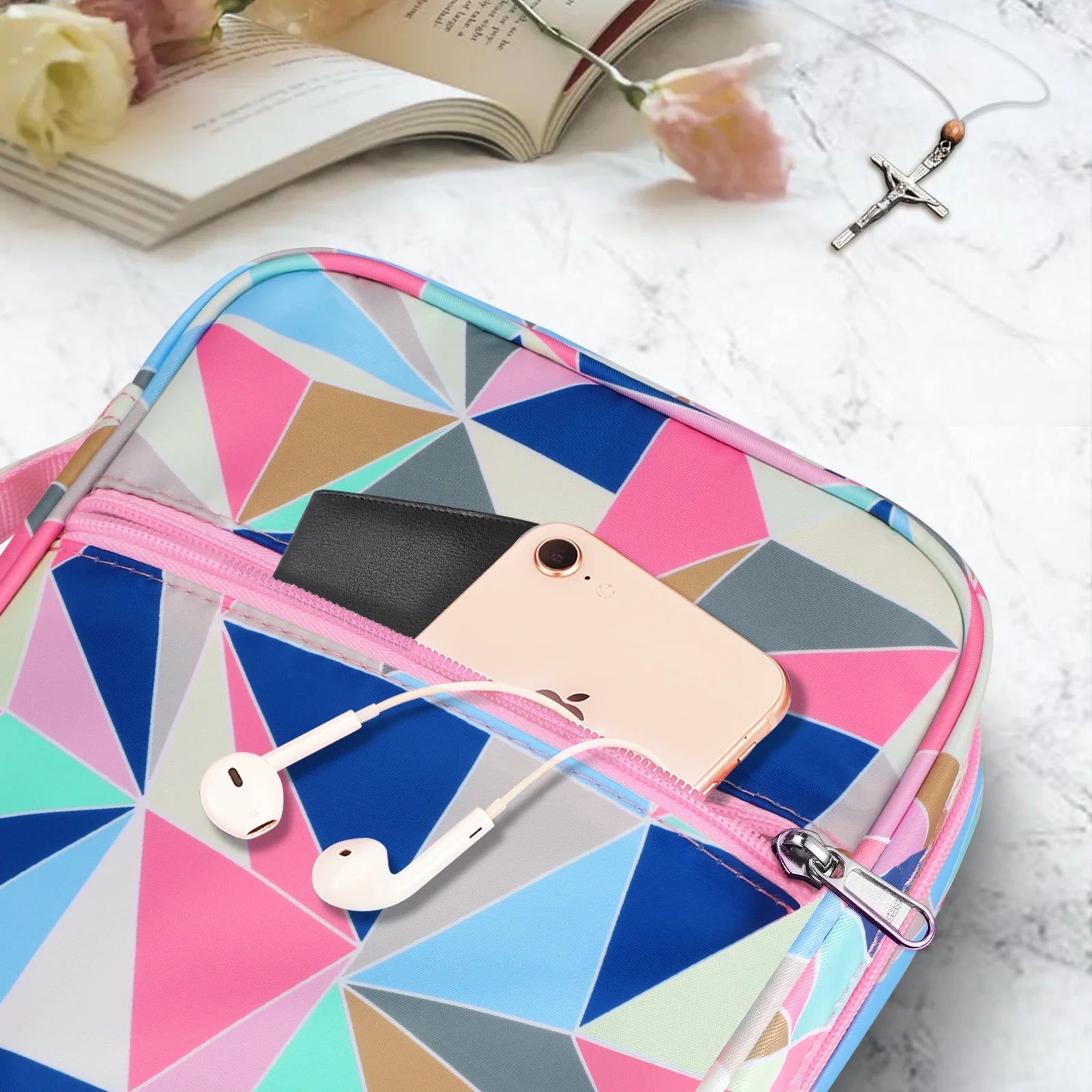 Bible Cover, Carrying Book Case Church Bag Bible Protective with Handle and Zippered Pocket, Perfect Gift for Men Women Father, Geometric-Pink