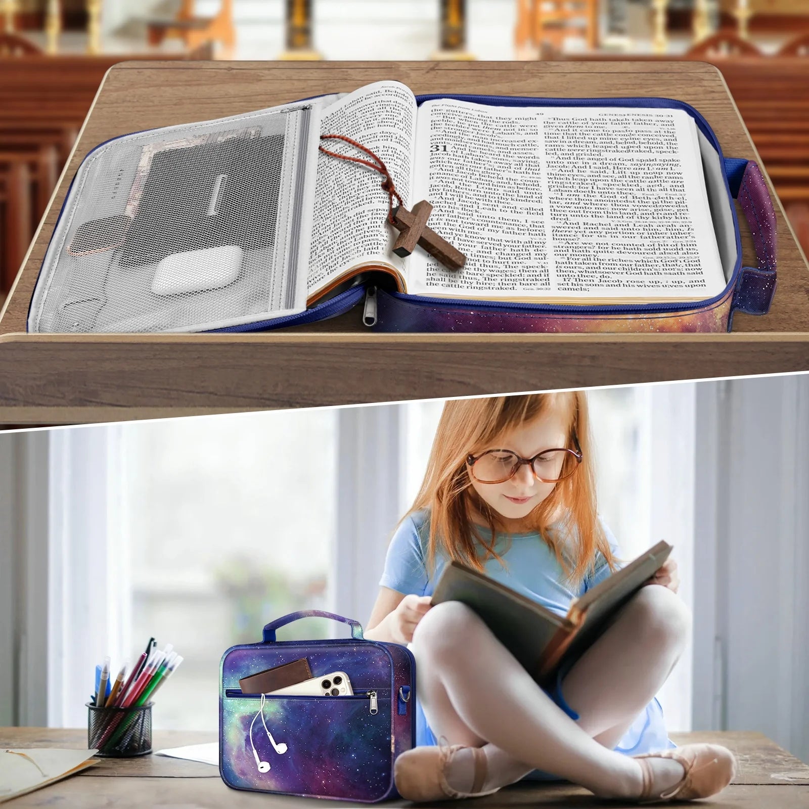 Large Bible Cover with Shoulder Strap, Durable Carrying Case, Bible Protection, Ideal Gift for Female Women, Galaxy