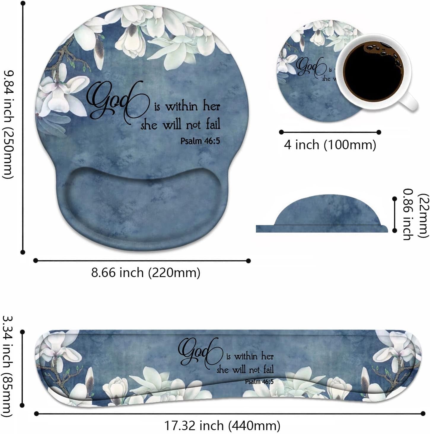 Keyboard Wrist Rest + Mouse Pad Wrist Support Set with Coasters, Non-Slip PU Base Ergonomic Mousepad for Home Office Working Studying Easy Typing & Pain Relief, Quote Bible Verses Psalm 46:5