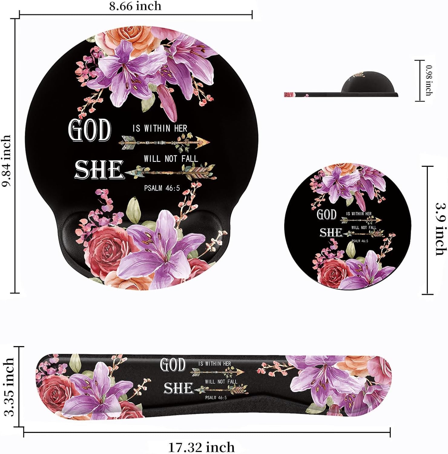 Keyboard Wrist Rest and Mouse Pad Wrist Support Set with Coasters,Ergonomic Gaming Mousepad for Home Office Working Studying Easy Typing & Pain Relief,Flower Bible Verse Psalm 46-5