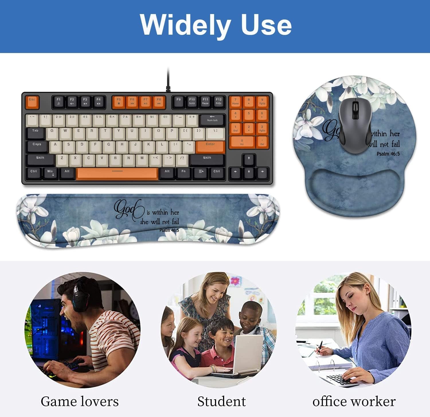 Keyboard Wrist Rest + Mouse Pad Wrist Support Set with Coasters, Non-Slip PU Base Ergonomic Mousepad for Home Office Working Studying Easy Typing & Pain Relief, Quote Bible Verses Psalm 46:5