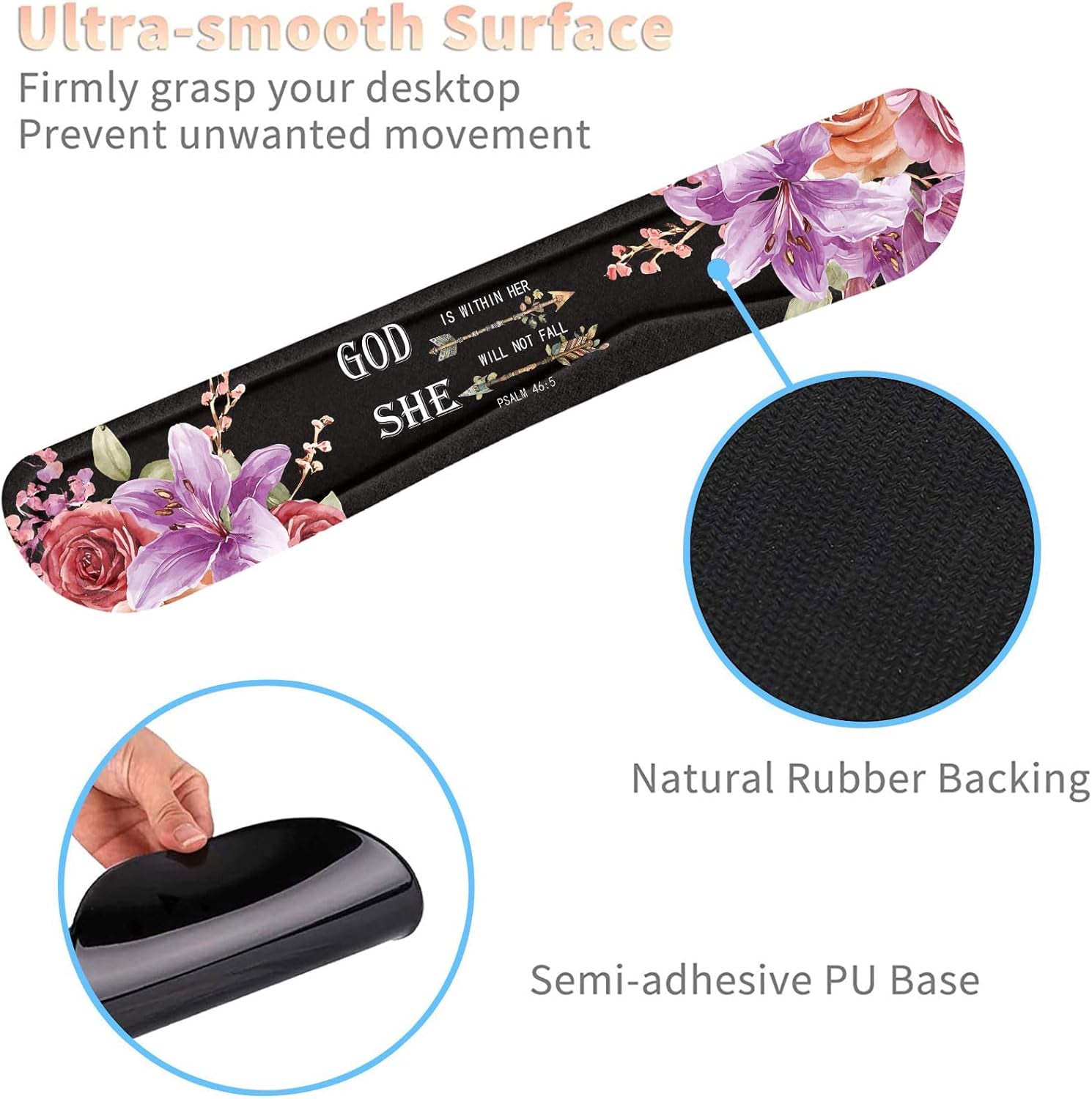 Keyboard Wrist Rest and Mouse Pad Wrist Support Set with Coasters,Ergonomic Gaming Mousepad for Home Office Working Studying Easy Typing & Pain Relief,Flower Bible Verse Psalm 46-5