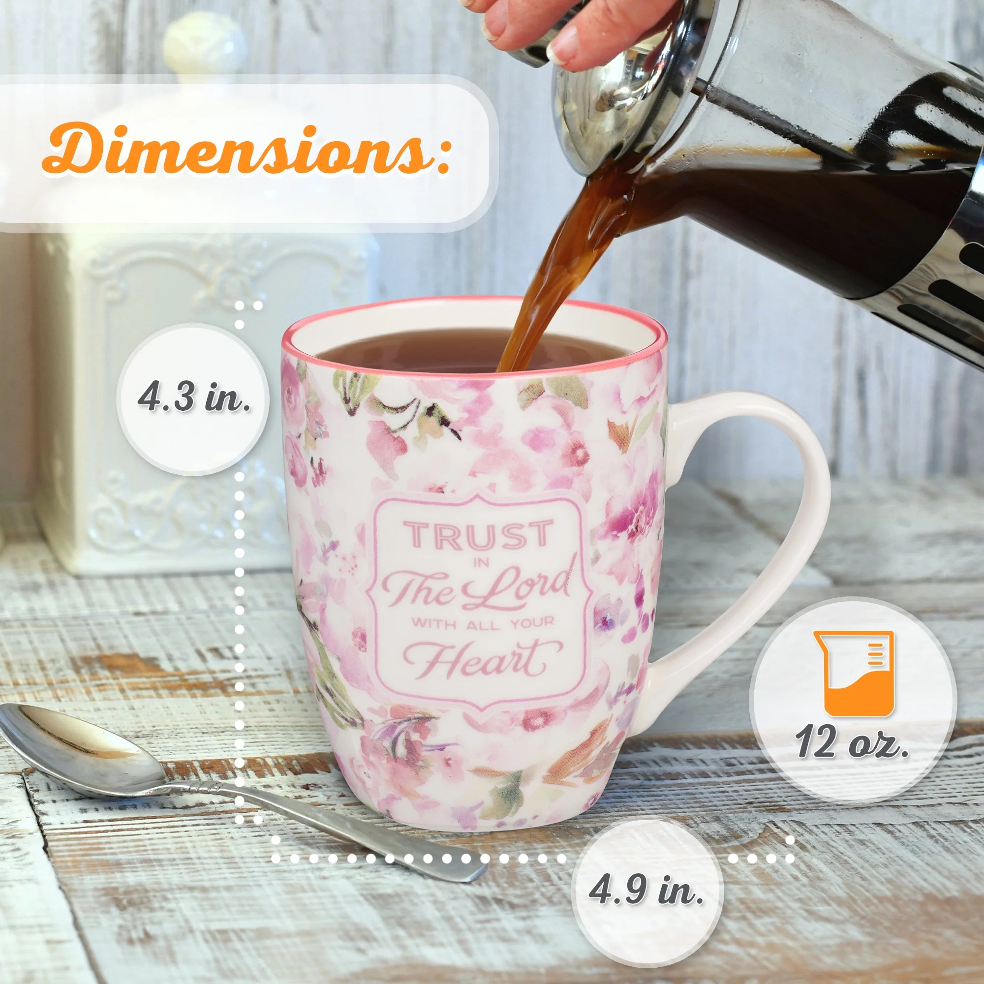 Encouraging Ceramic Coffee & Tea Bible Verse Mug for Women: Trust in the Lord Inspirational Scripture Proverb, Microwave & Dishwasher Safe, White & Pink Watercolor Floral, 12 Oz.