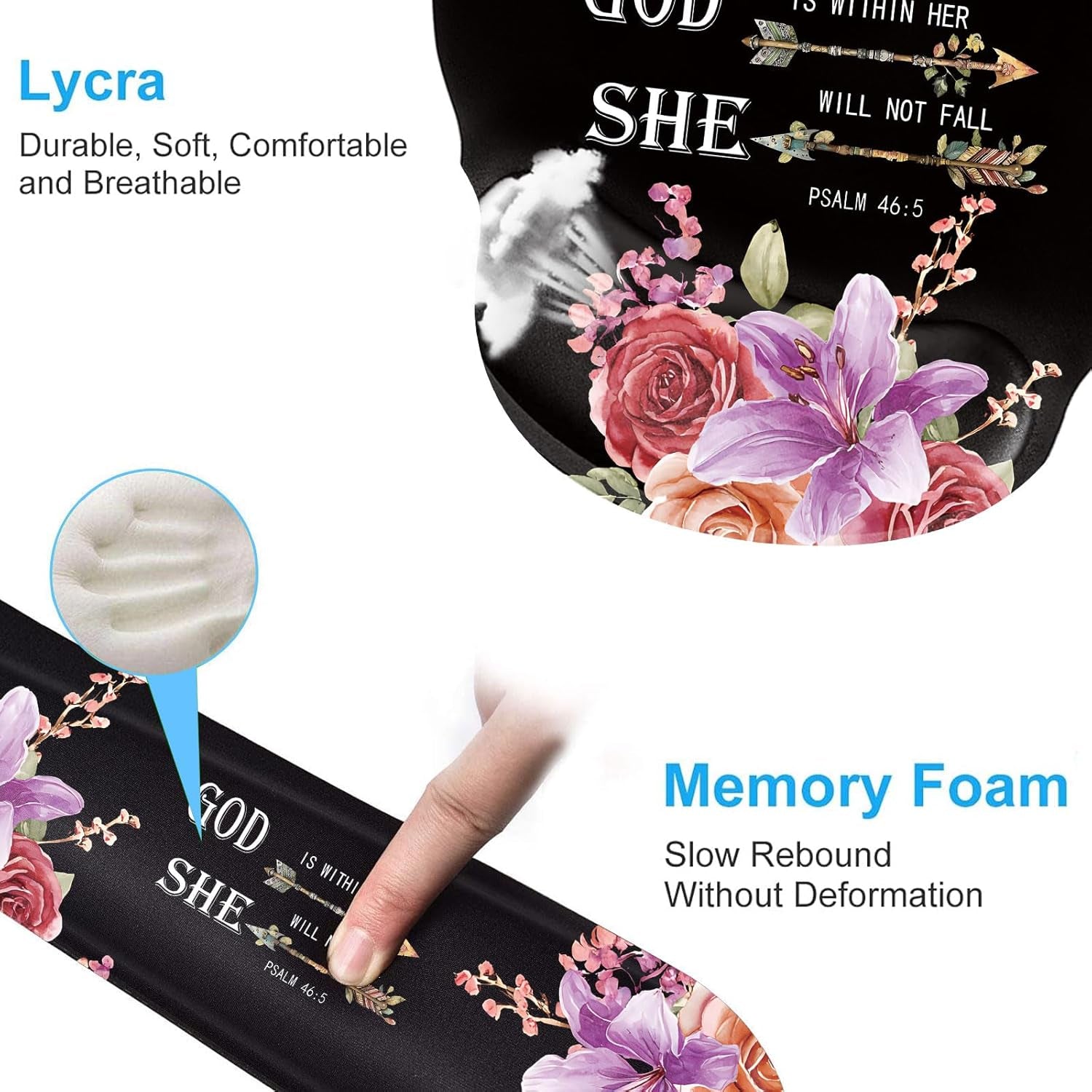 Keyboard Wrist Rest and Mouse Pad Wrist Support Set with Coasters,Ergonomic Gaming Mousepad for Home Office Working Studying Easy Typing & Pain Relief,Flower Bible Verse Psalm 46-5