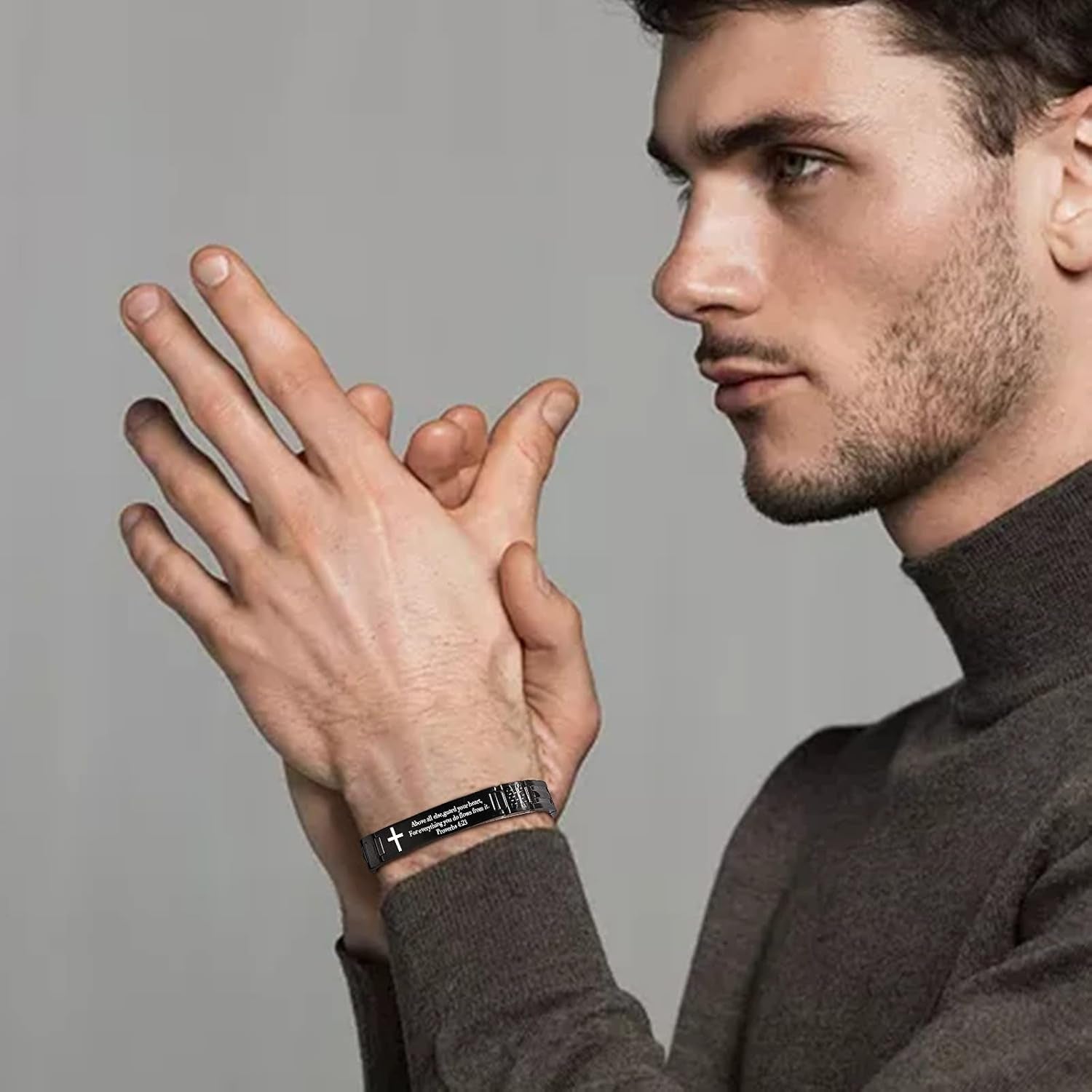 Stainless Steel Religous Scripture Quote Faith Christian Bible Verse Inspirational Cross Carbon Fiber Link Bracelet for Men