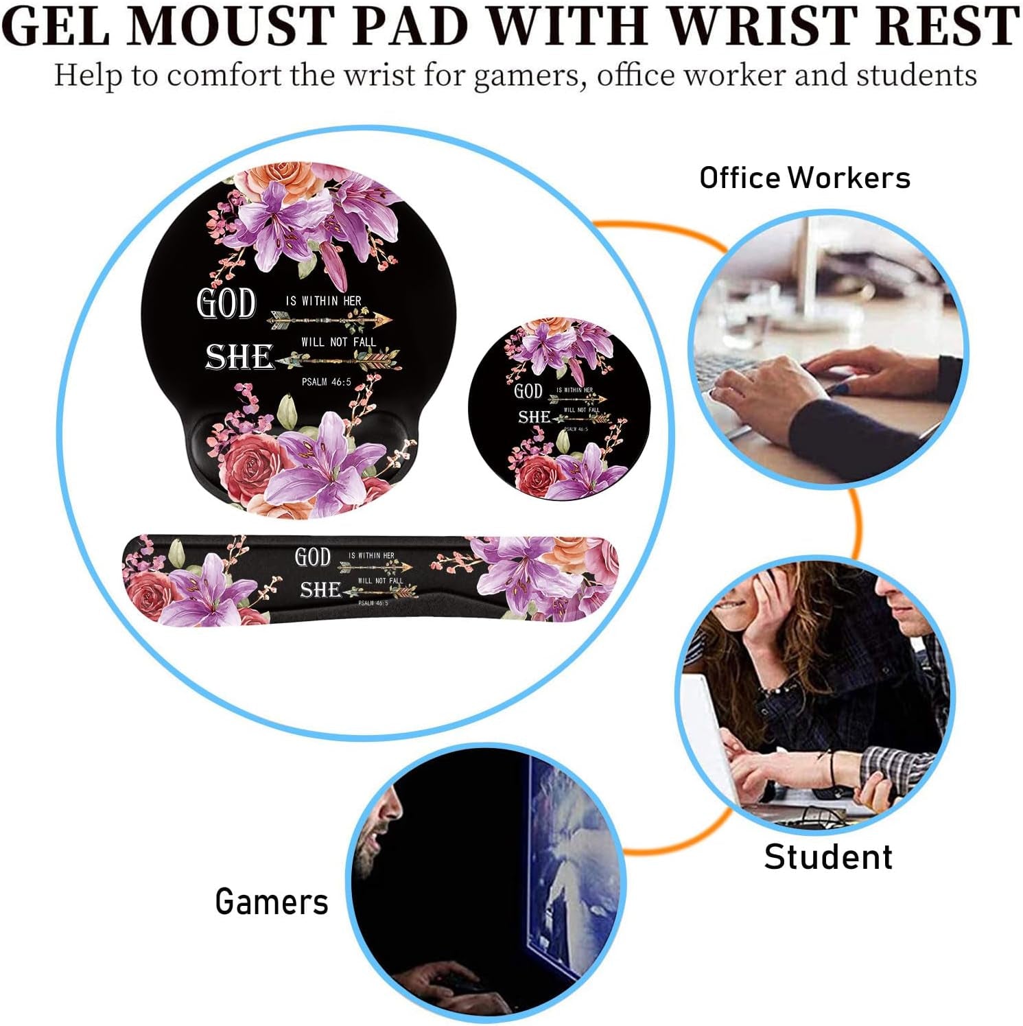 Keyboard Wrist Rest and Mouse Pad Wrist Support Set with Coasters,Ergonomic Gaming Mousepad for Home Office Working Studying Easy Typing & Pain Relief,Flower Bible Verse Psalm 46-5