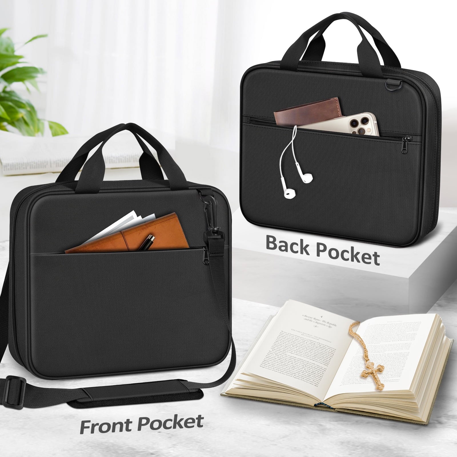 Extra Large Bible Cover, Carrying Book Case Church Bag Bible Protective with Detachable Shoulder Strap & Zippered Pocket, Gift for Men Women, Black