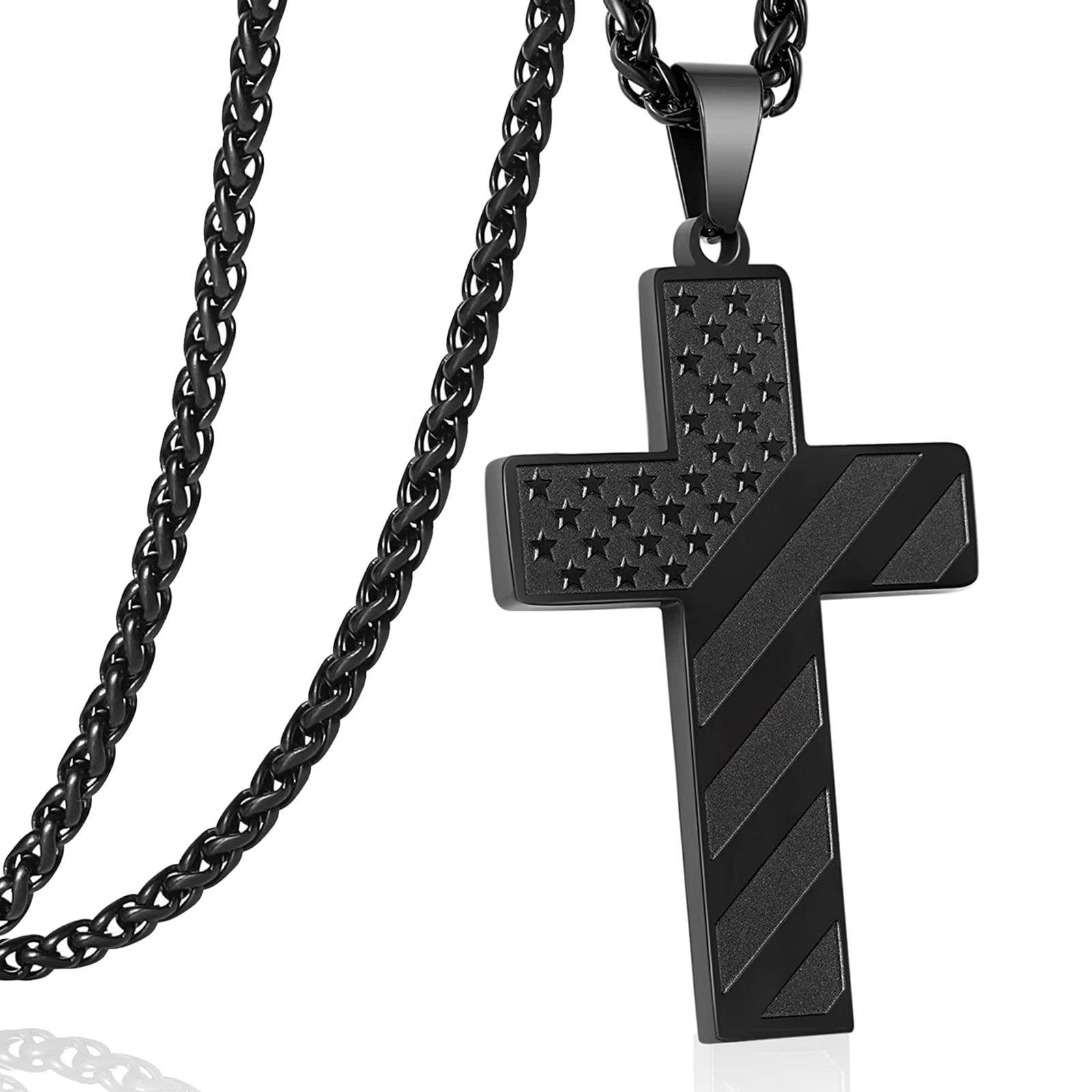 Cross Necklace for Men Stainless Steel Cross Pendant Chain American Flag USA Country Necklaces Religious Christian Jewelry Gifts Black