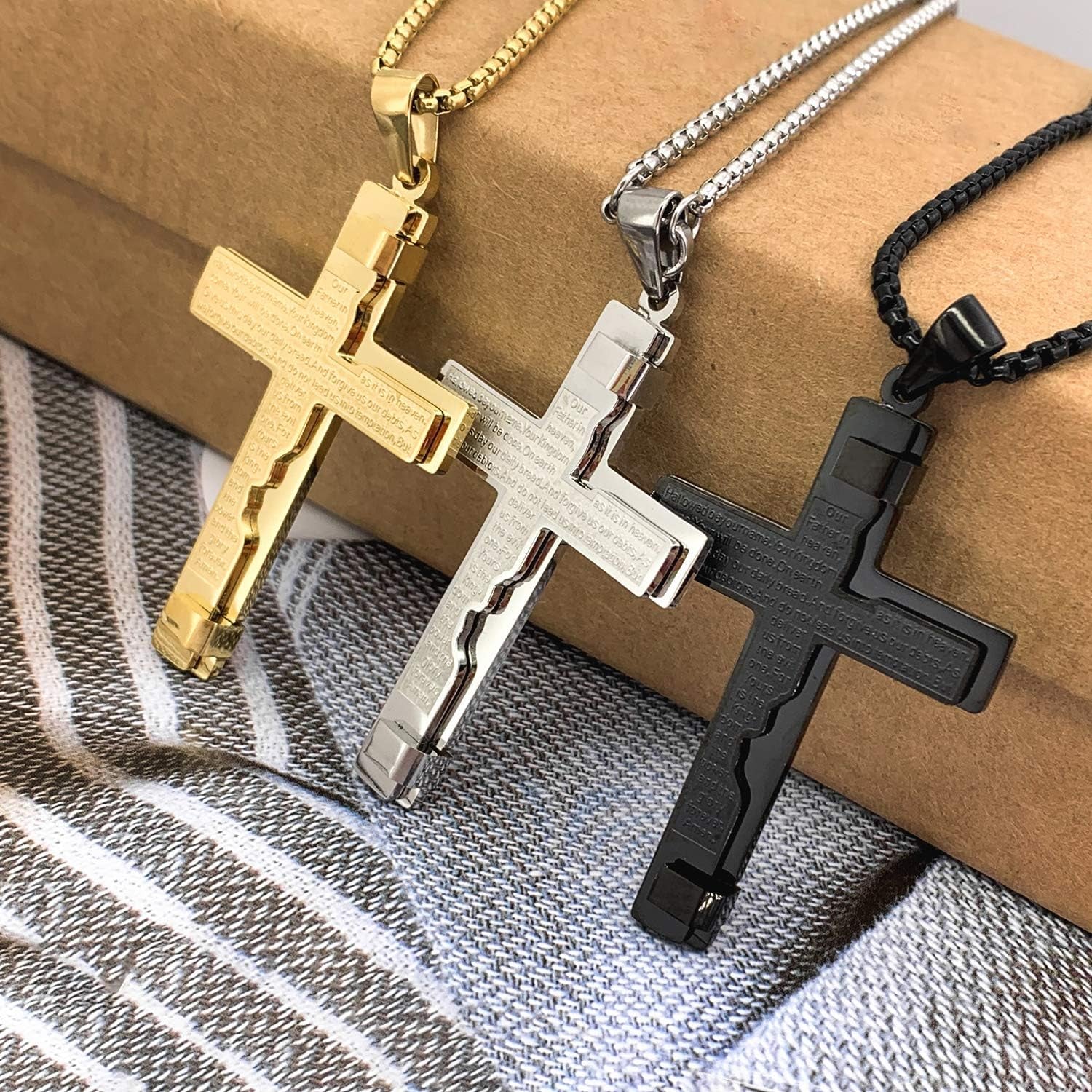 Lord'S Prayer Stainless Steel Cross Pendant Necklace Religion Cross Chain Inspirational Gift for Men&Women