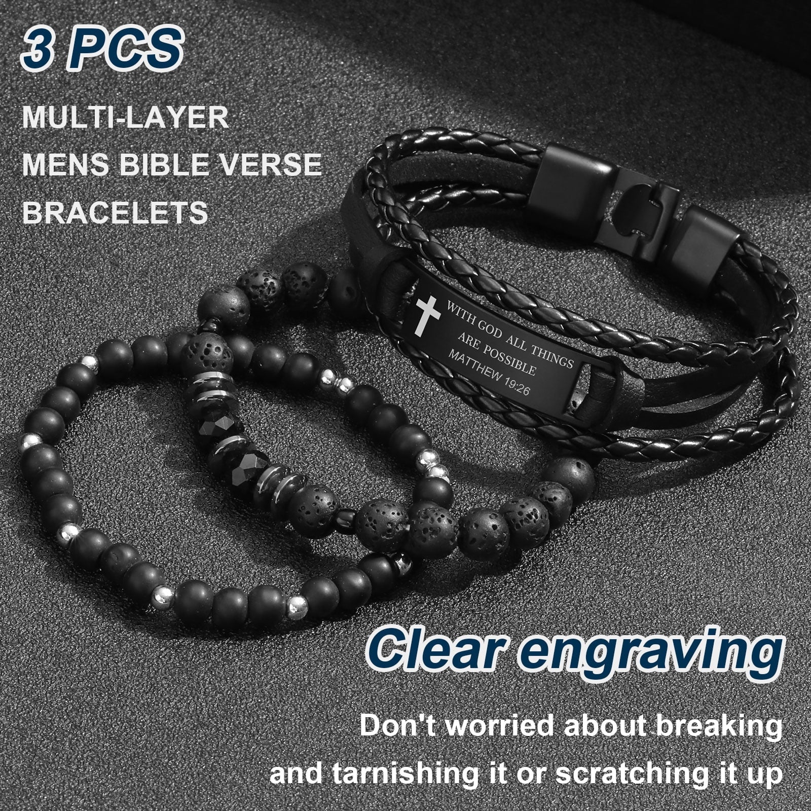 Christian Bible Verse Bracelets for Men, 3 Pcs Inspirational Religious Scripture Quotes Black Onyx Lava Rock Bead Cross Braided Leather Jesus Bracelet, First Communion Confirmation Baptism Gifts