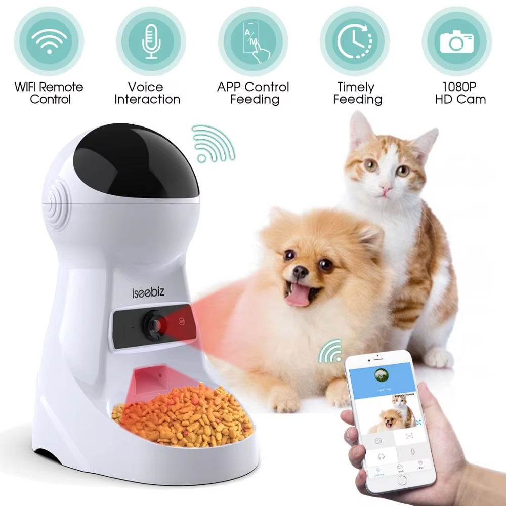 Iseebiz 3L Automatic Pet Feeder with Voice Record Pets Food Bowl for Medium Small Dog Cat LCD Screen Dispensers 4 Times One Day
