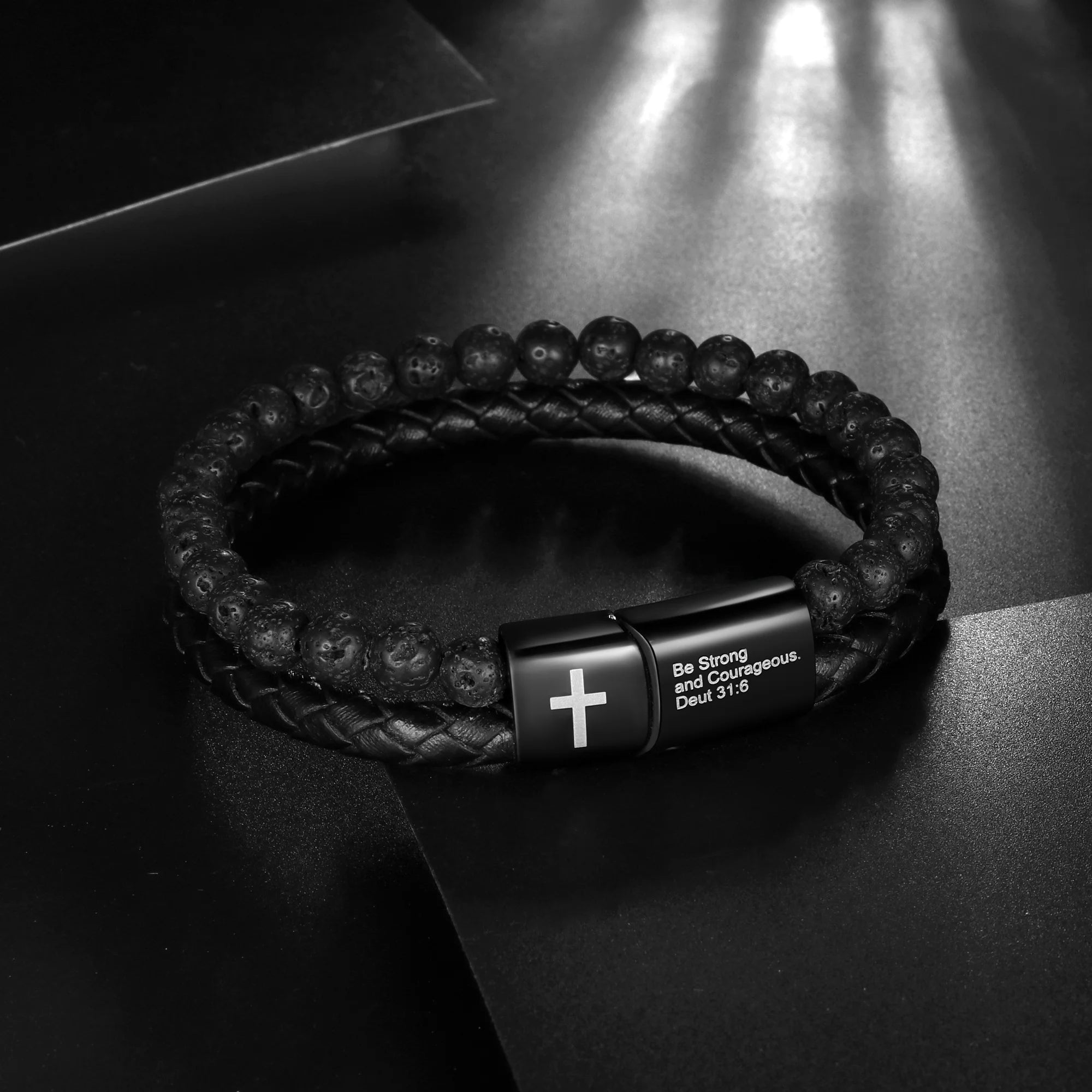 Bible Verse Cross Bracelet for Men Stainless Steel Lava Rock Bead Leather Cuff Bracelet Christian Jewelry
