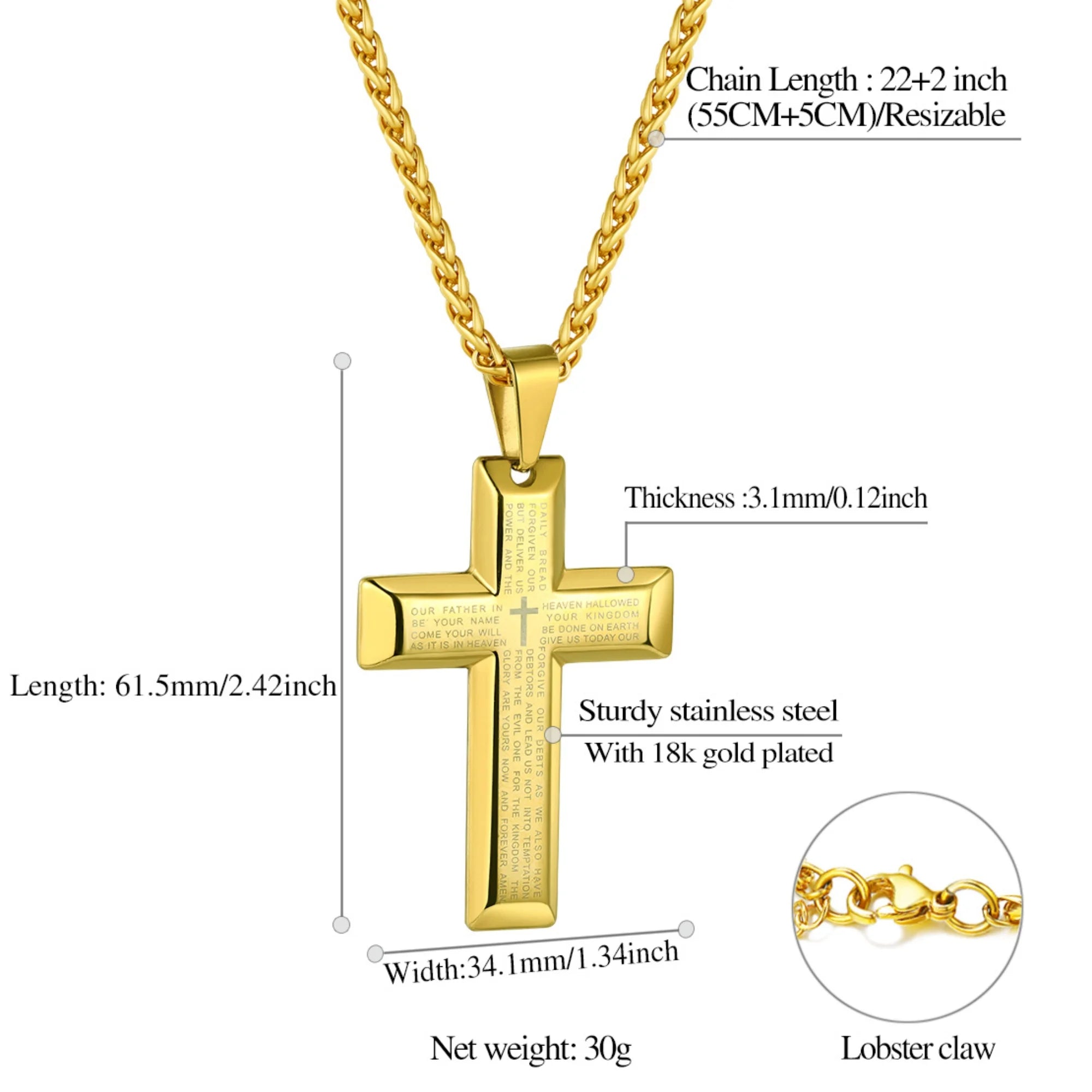 Gold Cross Necklaces for Men Stainless Steel Lord'S Prayer Pendant Necklace Boyfriend Husband Religious Valentine'S Day Gift Packaged