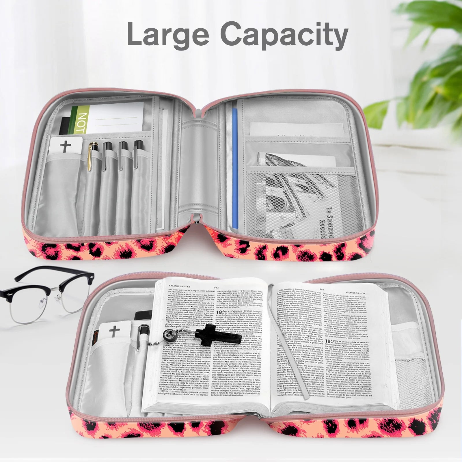 Bible Cover, Carrying Book Case Church Bag Bible Protective with Handle and Zippered Pocket, Perfect Gift for Men Women Father, Pink Leopard