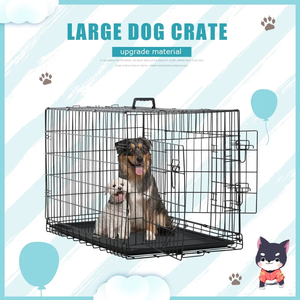 42 Inch Dog Cage for Large Dogs Indoor, Folding Dog Crates and Kennels Double Door, Black Dog Kennels for Large Dogs,Pet Cage with Tray Pan for Dogs