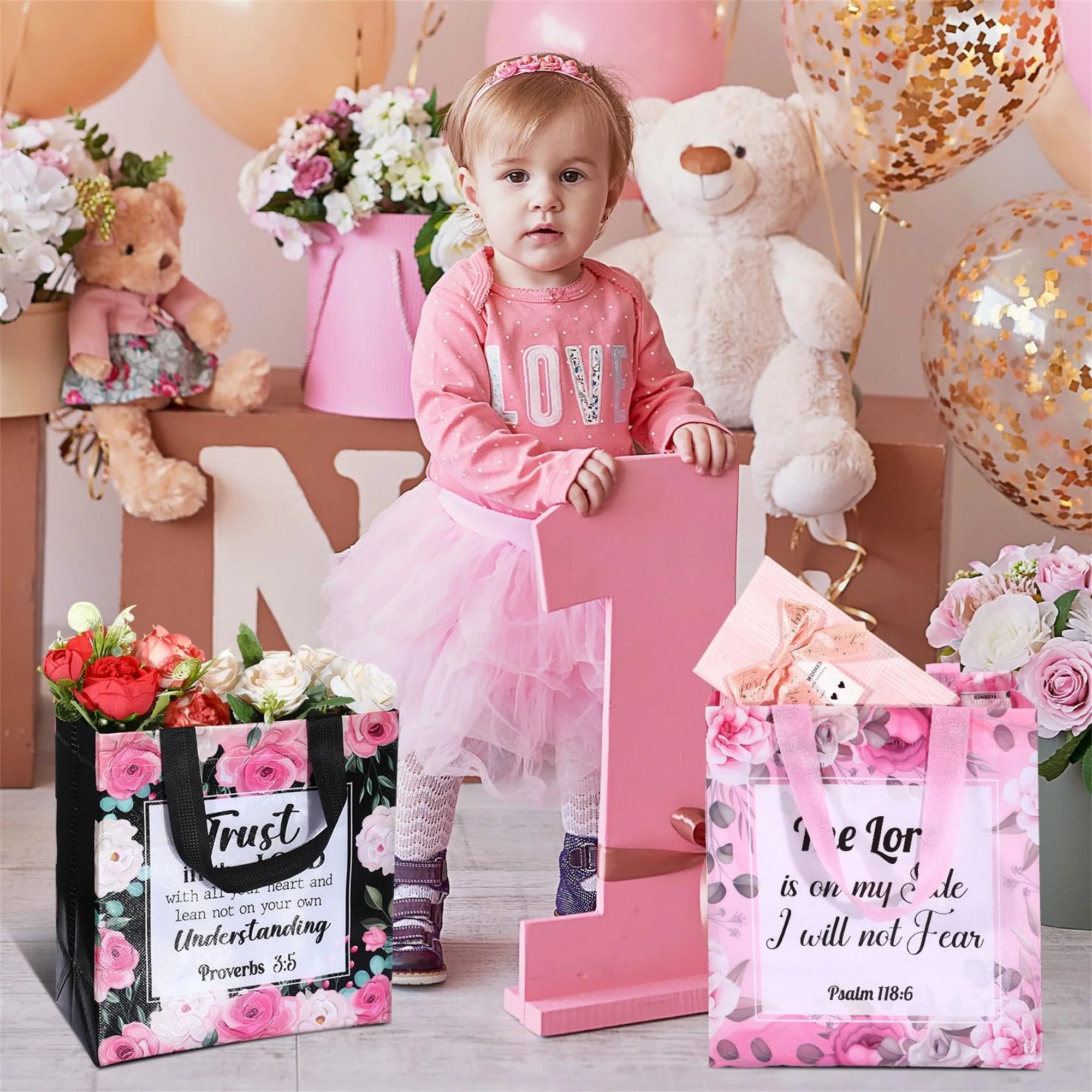 32 Pcs Bible Verse Flower Gift Bag with Handles Religious Reusable Gift Bags Bulk Christian Baptism Tote Bags Non Woven Gift Bags for Women Wedding Birthday Gift Wrapping Bags