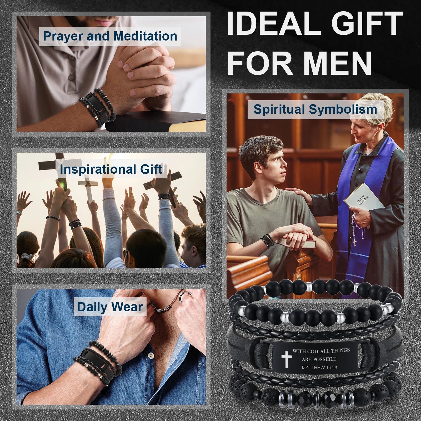 Christian Bible Verse Bracelets for Men, 3 Pcs Inspirational Religious Scripture Quotes Black Onyx Lava Rock Bead Cross Braided Leather Jesus Bracelet, First Communion Confirmation Baptism Gifts