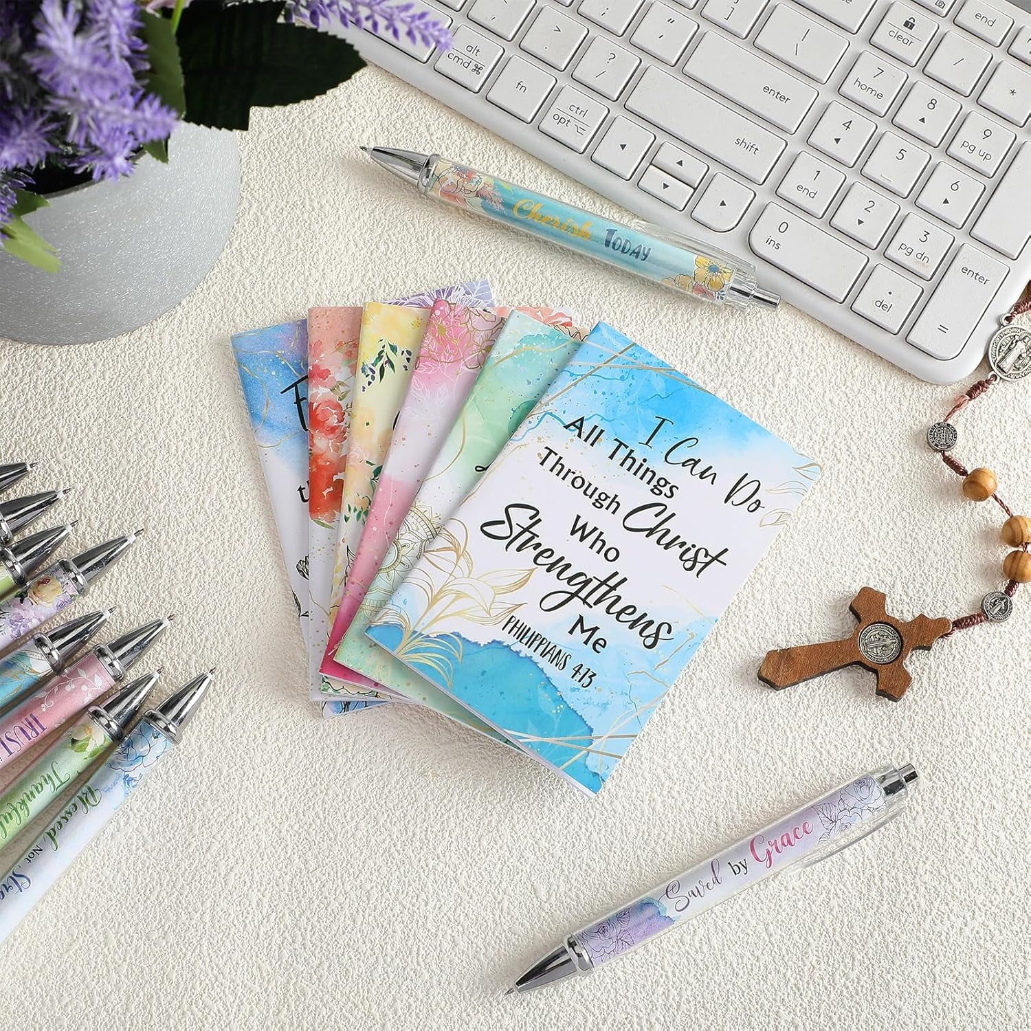24 Pcs Christian Bulk Gifts for Women Bible Verse Pens Bible Notebooks Christian Gifts Set Scripture Ballpoint Pens Bible Quote Notepads Religious Notebooks Gifts for Women Men (Flower)