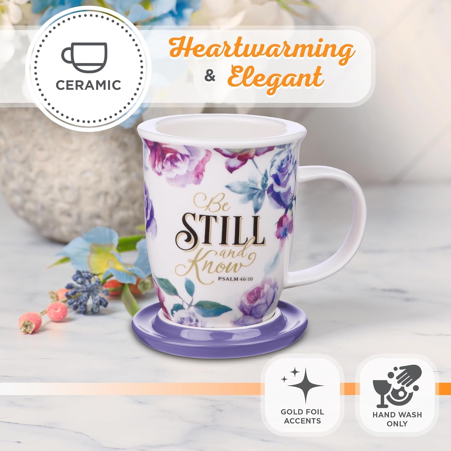 Rose Floral Ceramic Coffee Mug with Purple Lid – 13 Oz. Lead and Cadmium-Free Inspirational Scripture Coffee and Tea Mug for Women with Bible Verse: Be Still and Know – Psalm 46:10