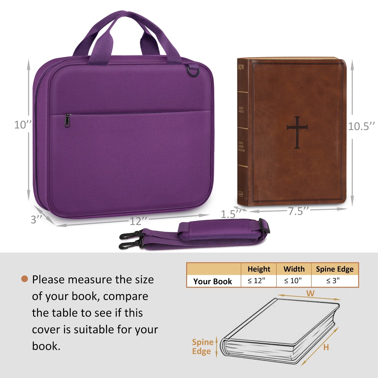 Extra Large Bible Cover, Carrying Book Case Church Bag Bible Protective with Detachable Shoulder Strap & Zippered Pocket, Gift for Men Women, Purple