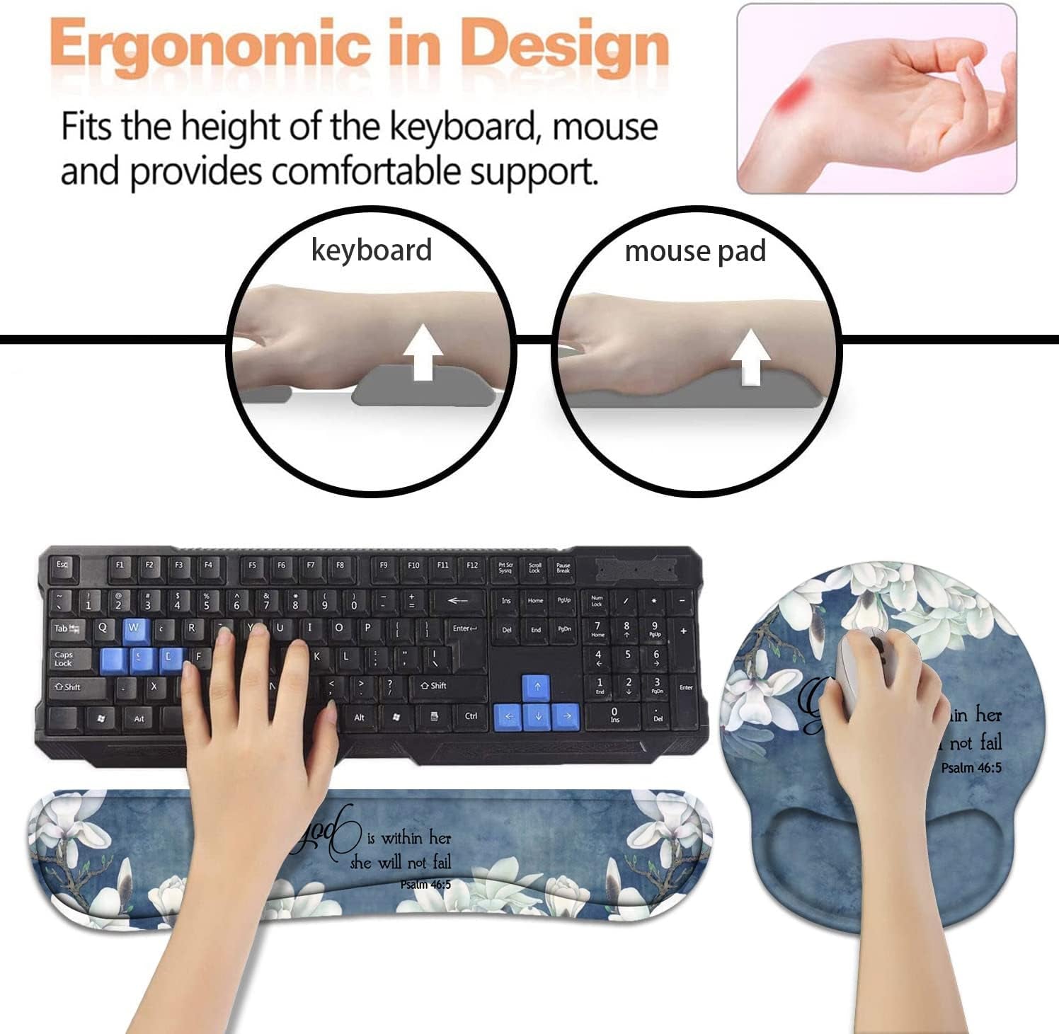 Keyboard Wrist Rest + Mouse Pad Wrist Support Set with Coasters, Non-Slip PU Base Ergonomic Mousepad for Home Office Working Studying Easy Typing & Pain Relief, Quote Bible Verses Psalm 46:5