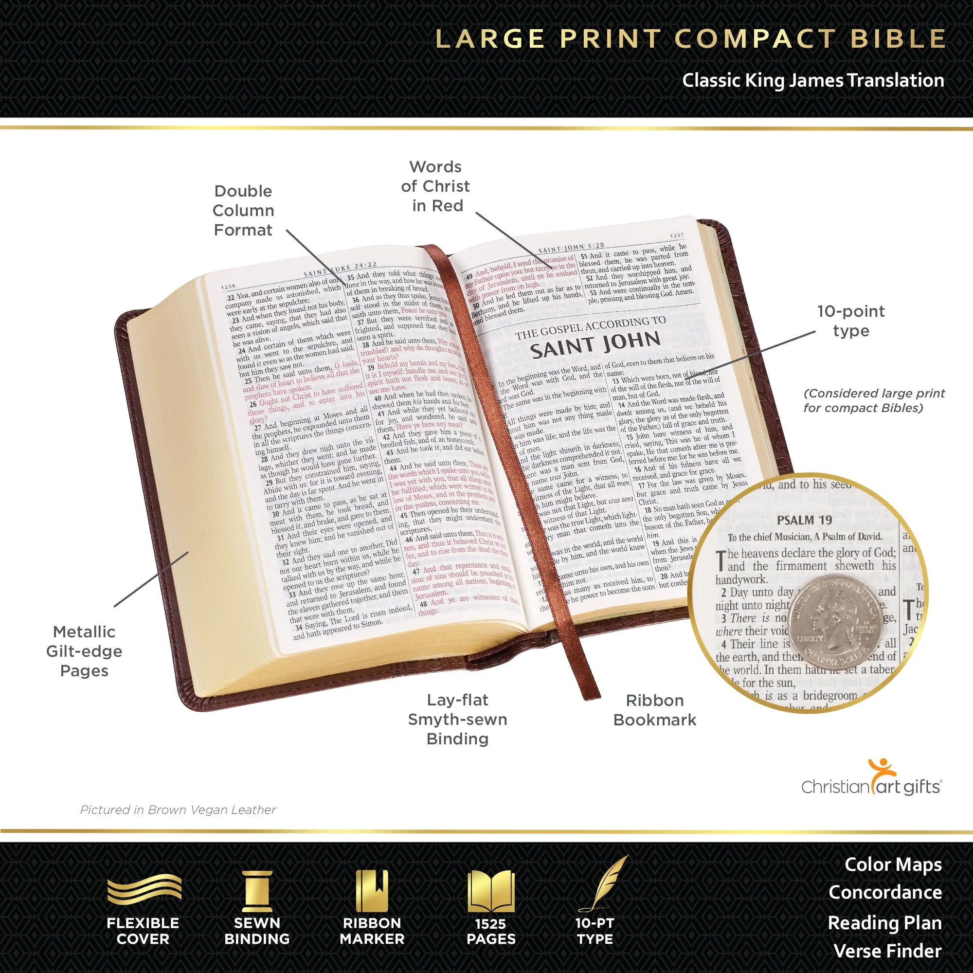 KJV Holy Bible, Compact Large Print Faux Leather Red Letter Edition - Ribbon Marker, King James Version, Burgundy, Zipper Closure