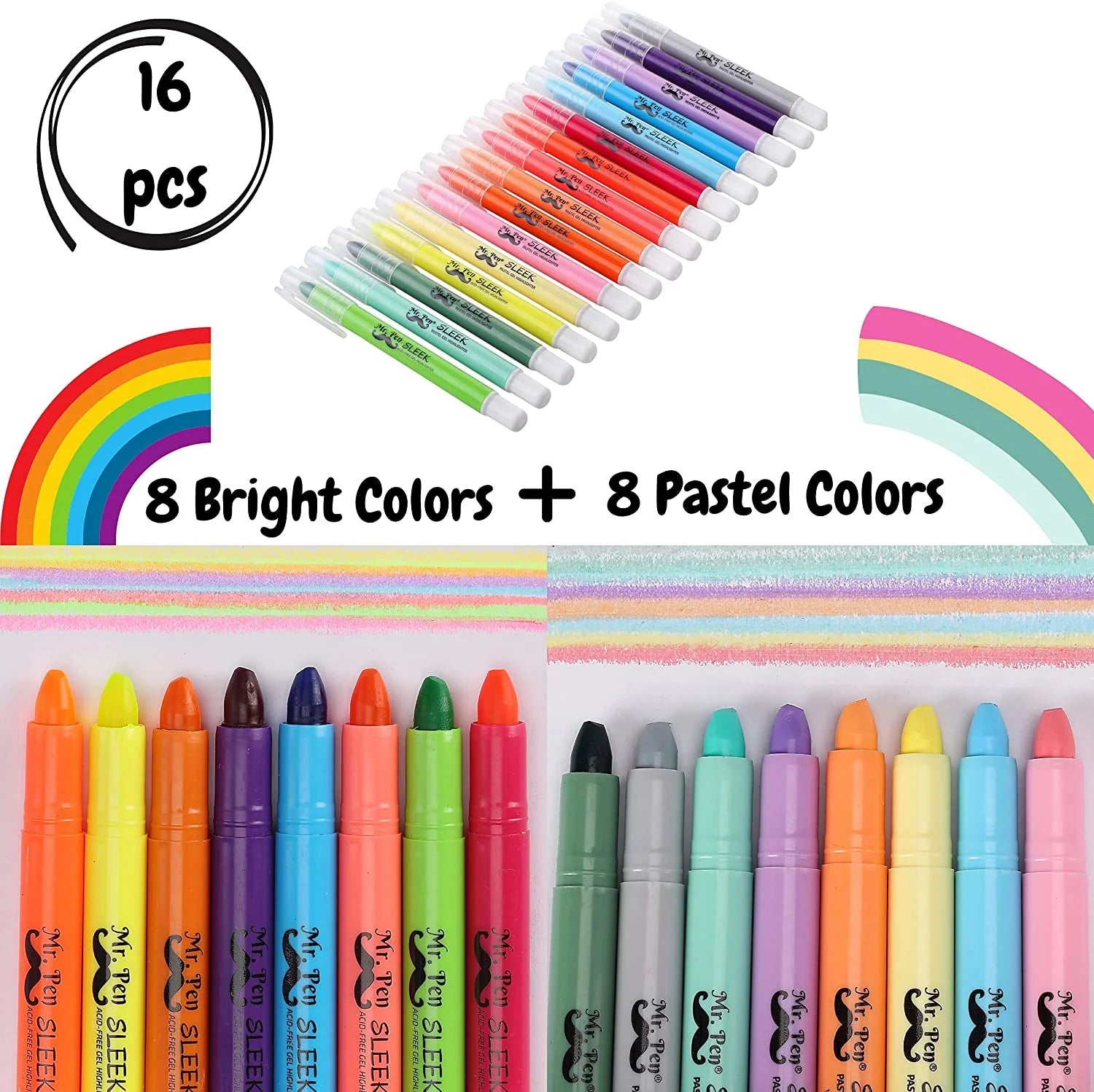 - No Bleed Gel Highlighter, 16 Pcs (8 Pastel Colors and 8 Vibrant Colors), Bible Highlighters