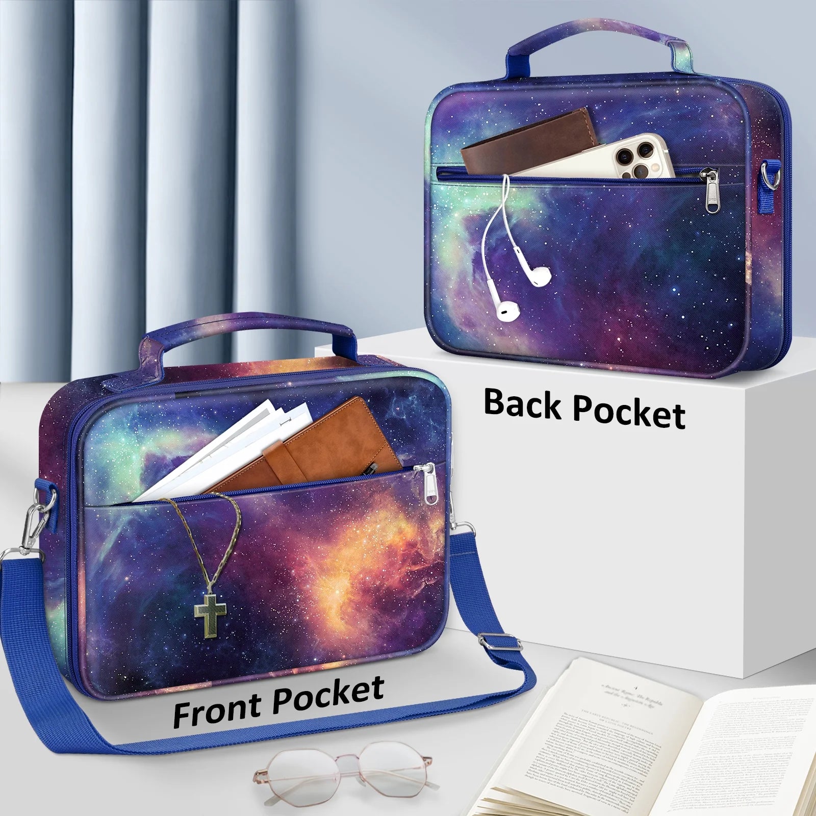 Large Bible Cover with Shoulder Strap, Durable Carrying Case, Bible Protection, Ideal Gift for Female Women, Galaxy