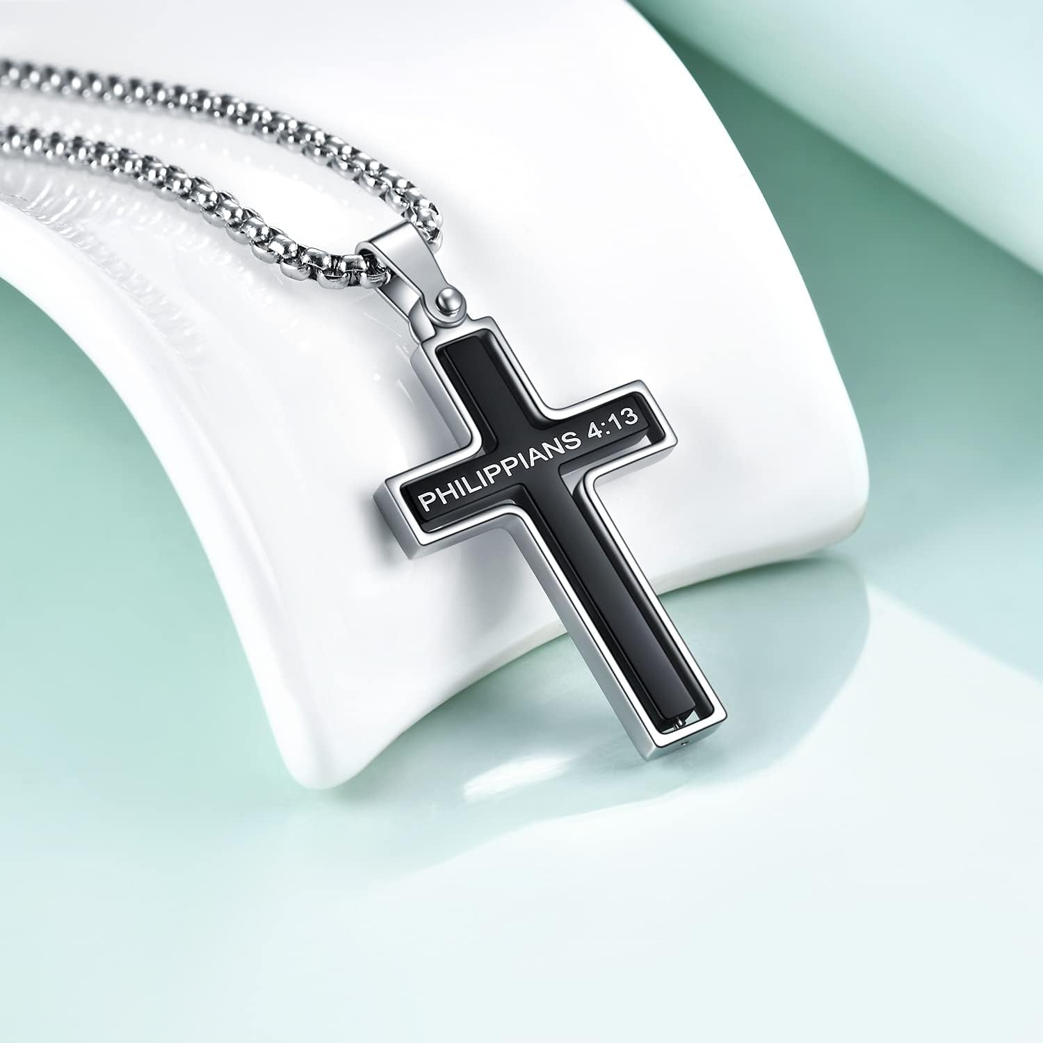 Cross Necklace for Men, Philippians 4:13 Christian Cross Stainless Steel Necklaces for Men