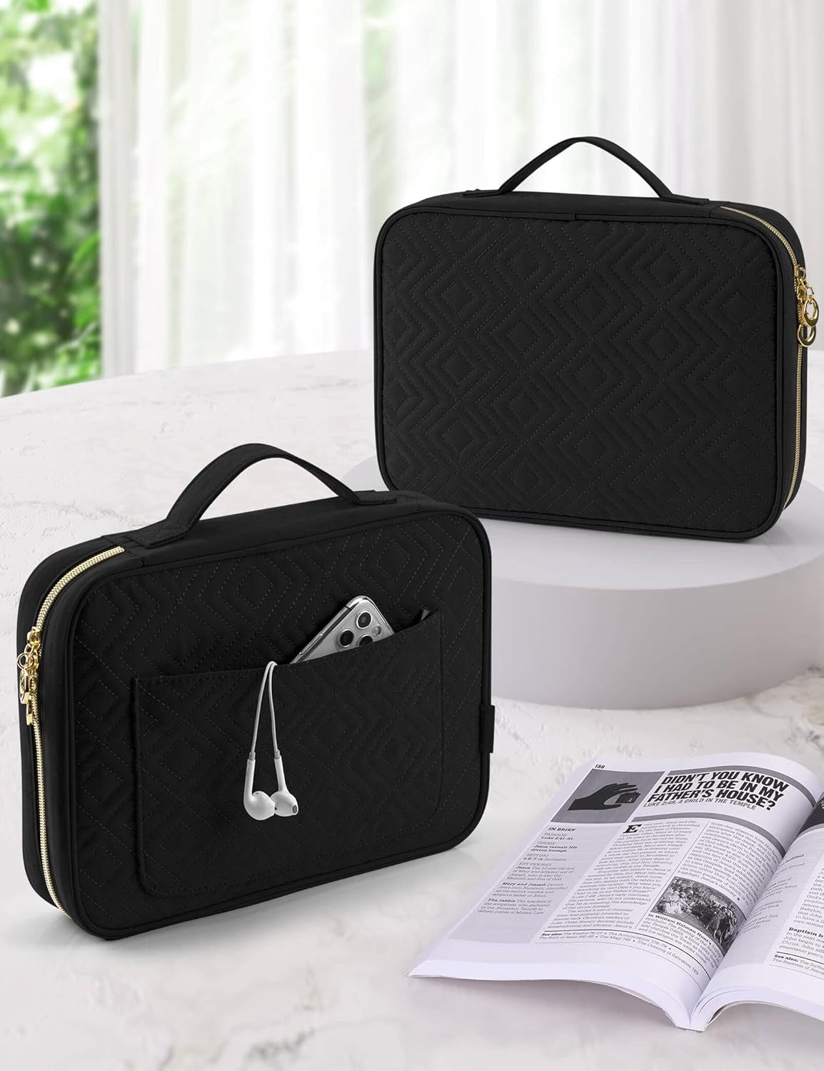 Bible Cover Case for Women, Bible Study Supplies, Bible Journaling Kit, 6 No Bleed Bible Highlighters and Pens, 75 Bible Tabs, Large Size Zippered Bible Bags (Black)