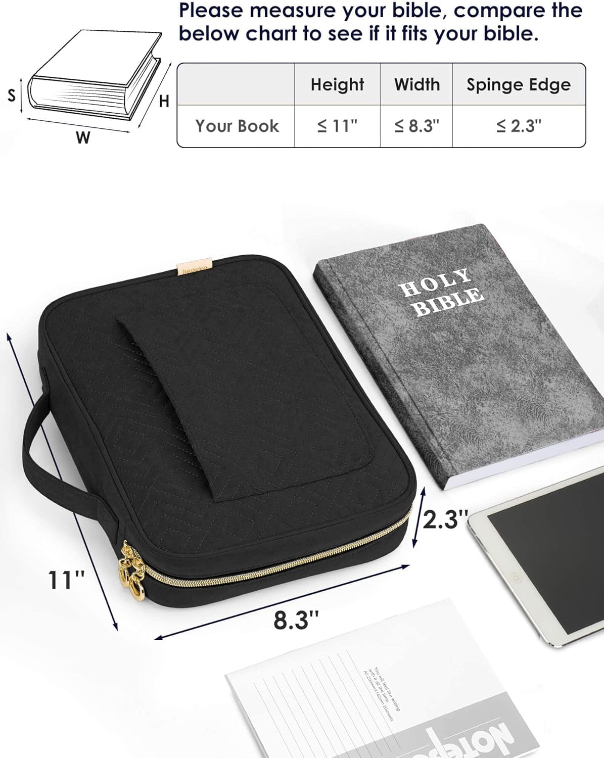 Bible Cover Case for Women, Bible Study Supplies, Bible Journaling Kit, 6 No Bleed Bible Highlighters and Pens, 75 Bible Tabs, Large Size Zippered Bible Bags (Black)