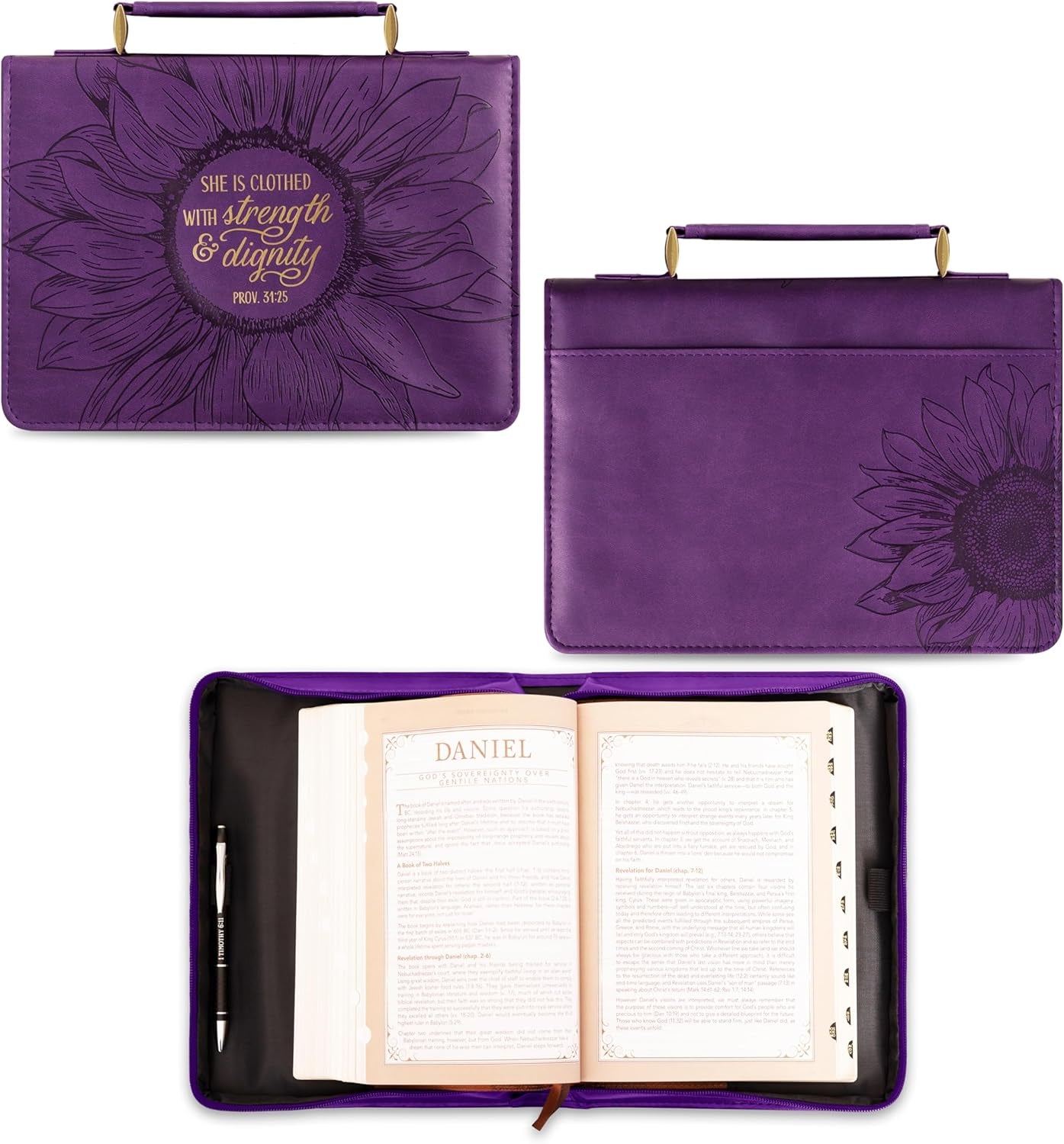 Women'S Fashion Bible Cover Strength and Dignity Proverbs 31:25, Purple/Gold Sunflower Faux Leather, Medium