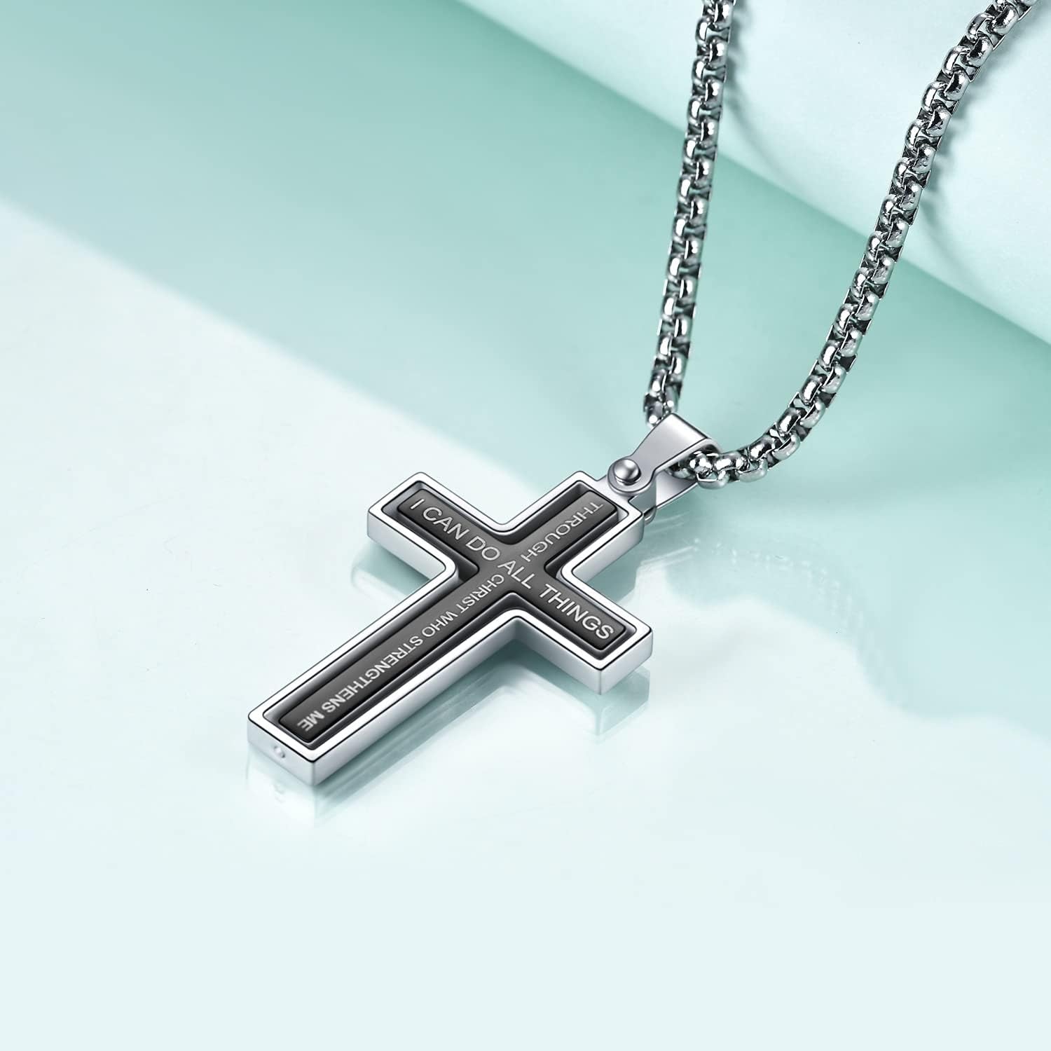 Cross Necklace for Men, Philippians 4:13 Christian Cross Stainless Steel Necklaces for Men