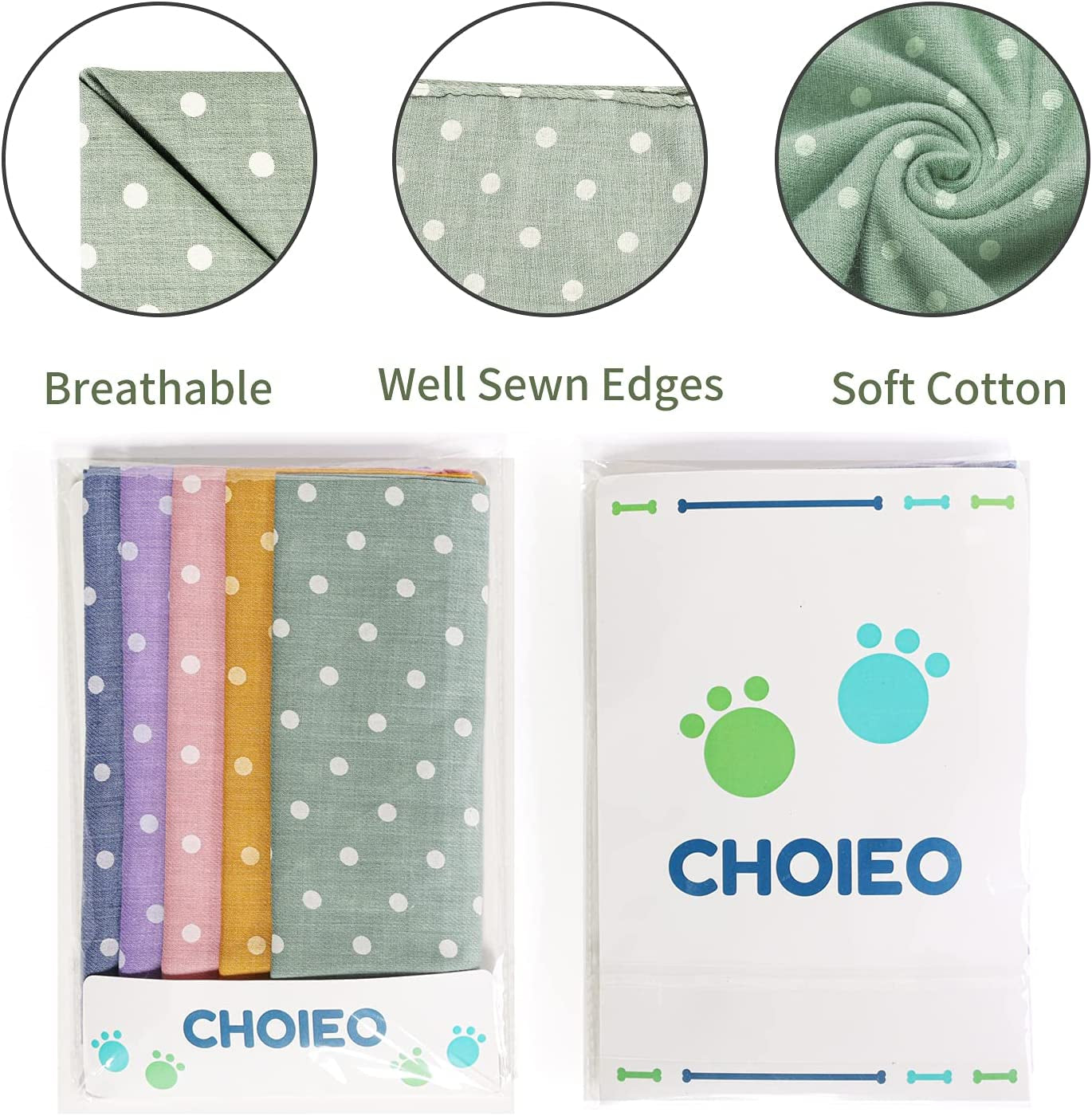 5 Pieces Dog Bandanas, Washable Cotton Dog Scarfs Dog Bibs Pet Kerchiefs, Double Reversible Printing, Suitable for Small Medium Large Dogs Cats Pets (Pink+Blue+Yellow+Purple+Green)