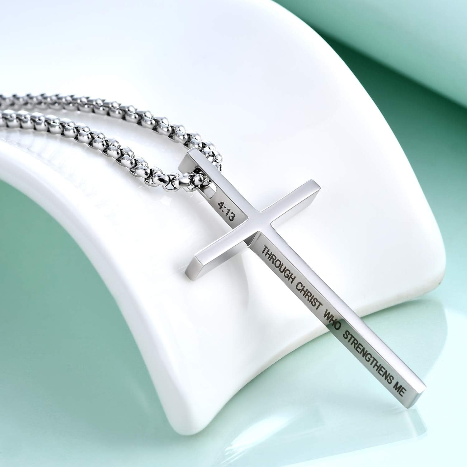Cross Necklace for Men, Philippians 4:13 Christian Cross Stainless Steel Necklaces for Men