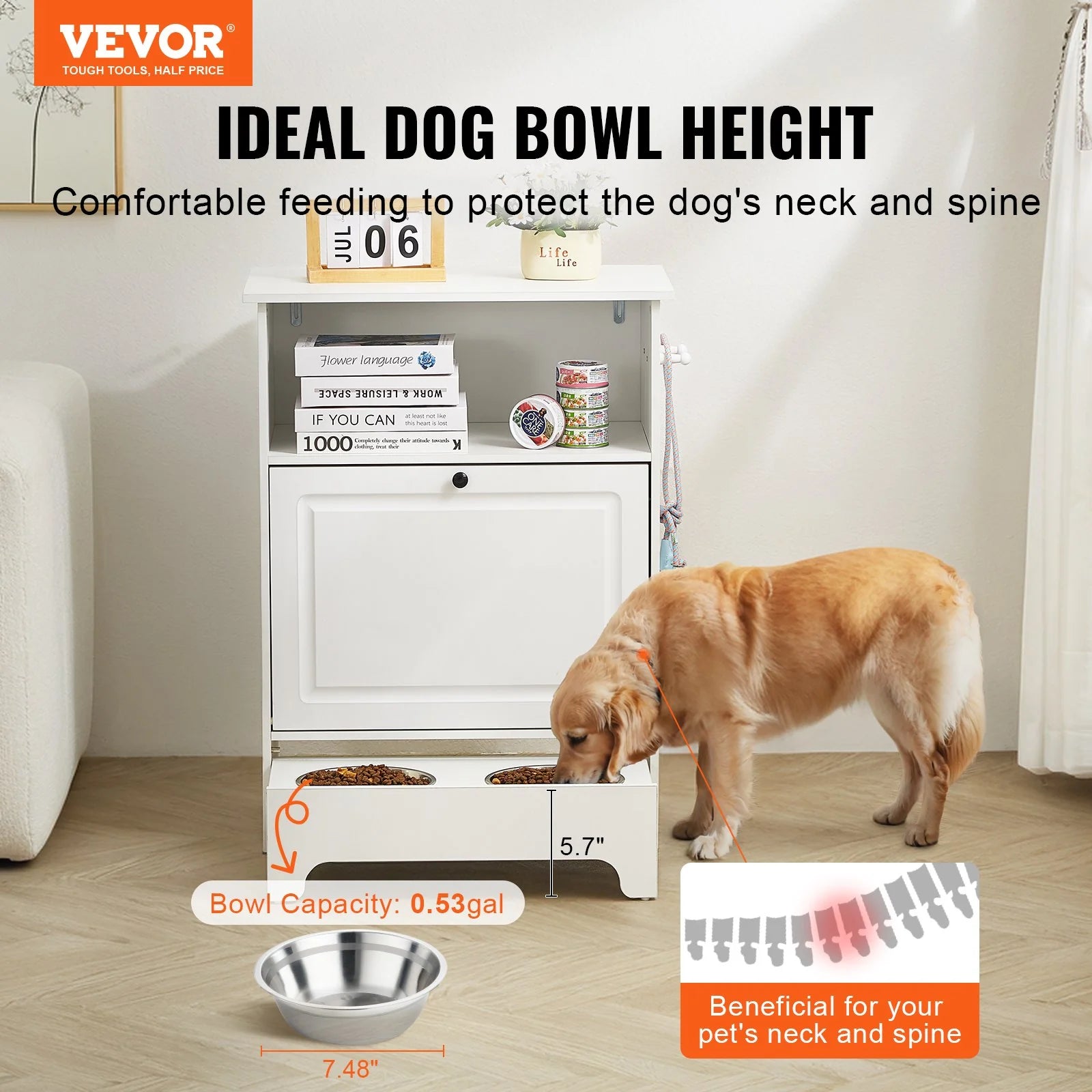 VEVOR Pet Feeding Station W/ 2 Elevated Dog Bowls Dog Food & Toy Storage Cabinet