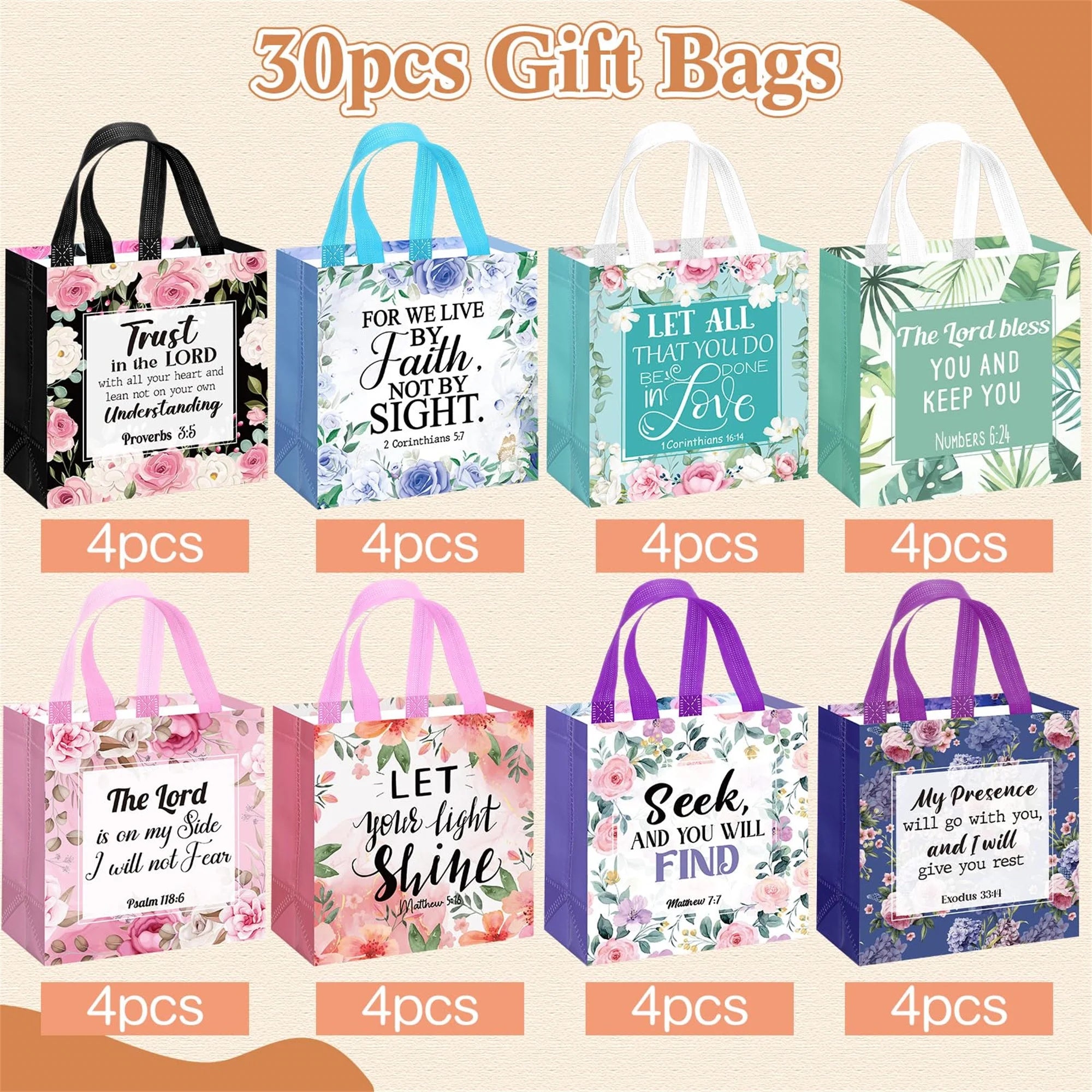 32 Pcs Bible Verse Flower Gift Bag with Handles Religious Reusable Gift Bags Bulk Christian Baptism Tote Bags Non Woven Gift Bags for Women Wedding Birthday Gift Wrapping Bags