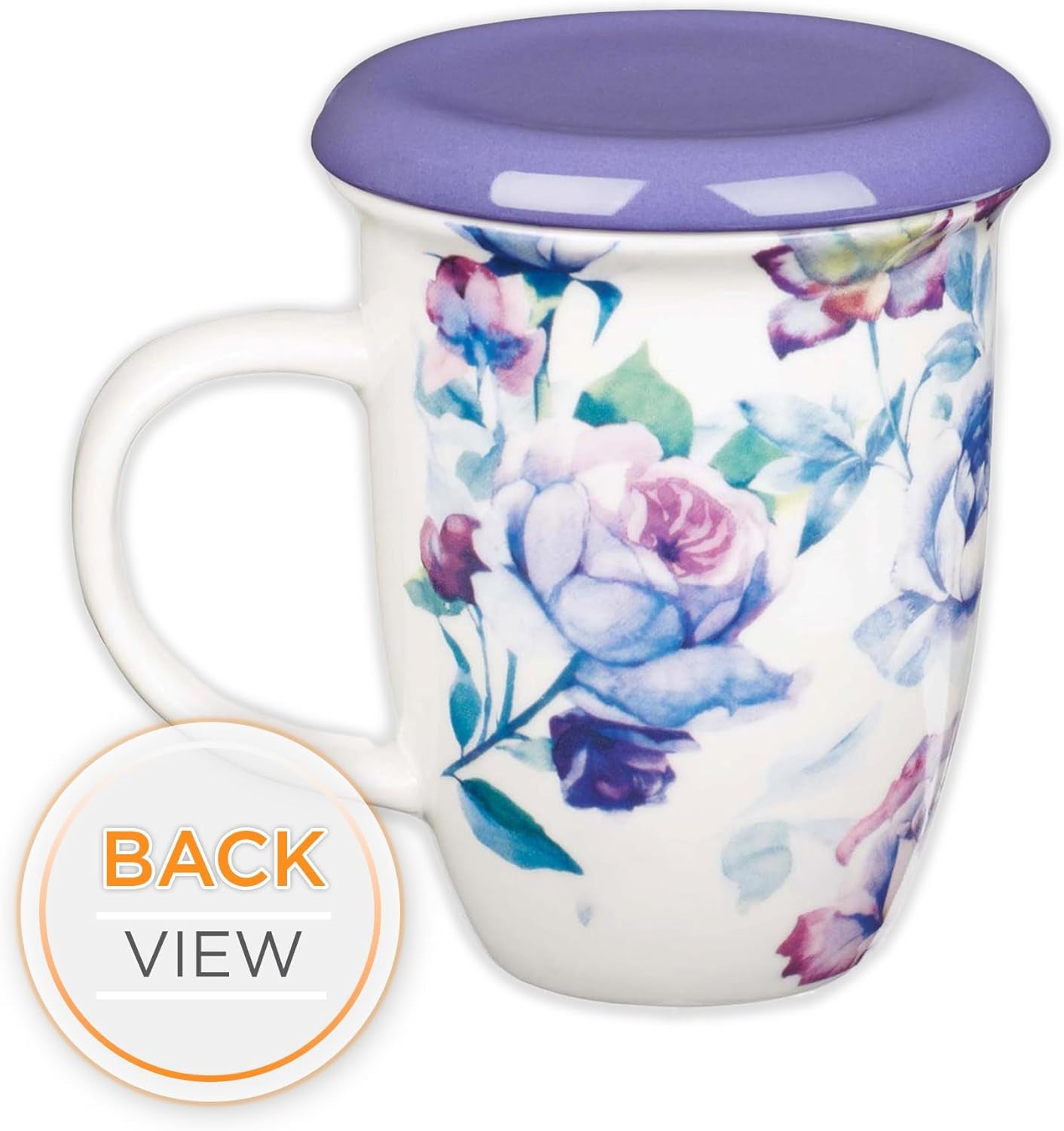 Rose Floral Ceramic Coffee Mug with Purple Lid – 13 Oz. Lead and Cadmium-Free Inspirational Scripture Coffee and Tea Mug for Women with Bible Verse: Be Still and Know – Psalm 46:10