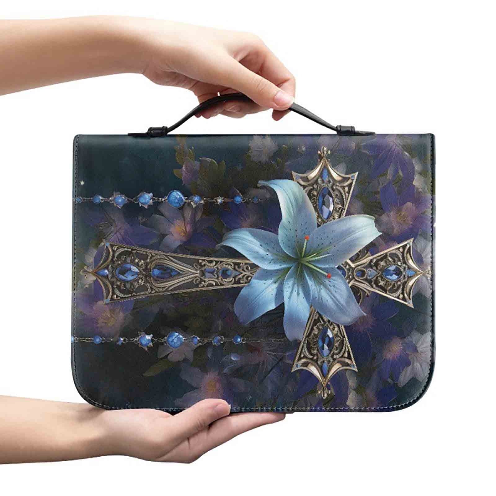 Floral Cross Bible Covers for Women, Christian Bible Book Carrying Bag Scripture Case Church Bag, Bible Protective with Handle Pockets Zippered Pocket