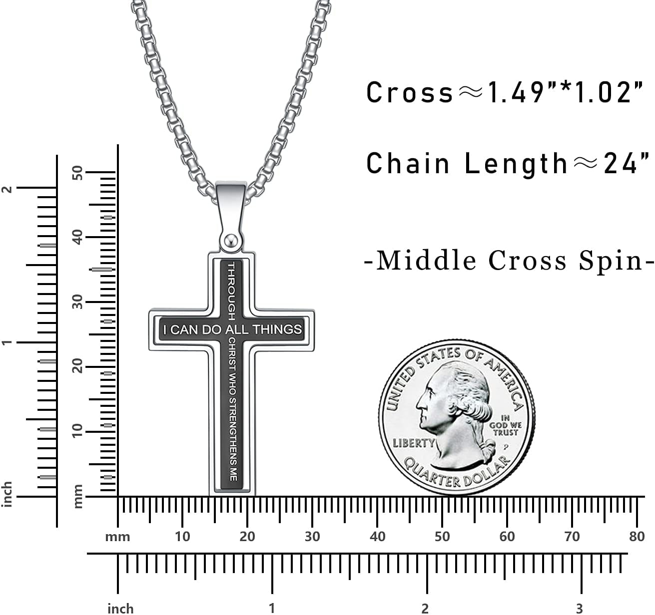 Cross Necklace for Men, Philippians 4:13 Christian Cross Stainless Steel Necklaces for Men