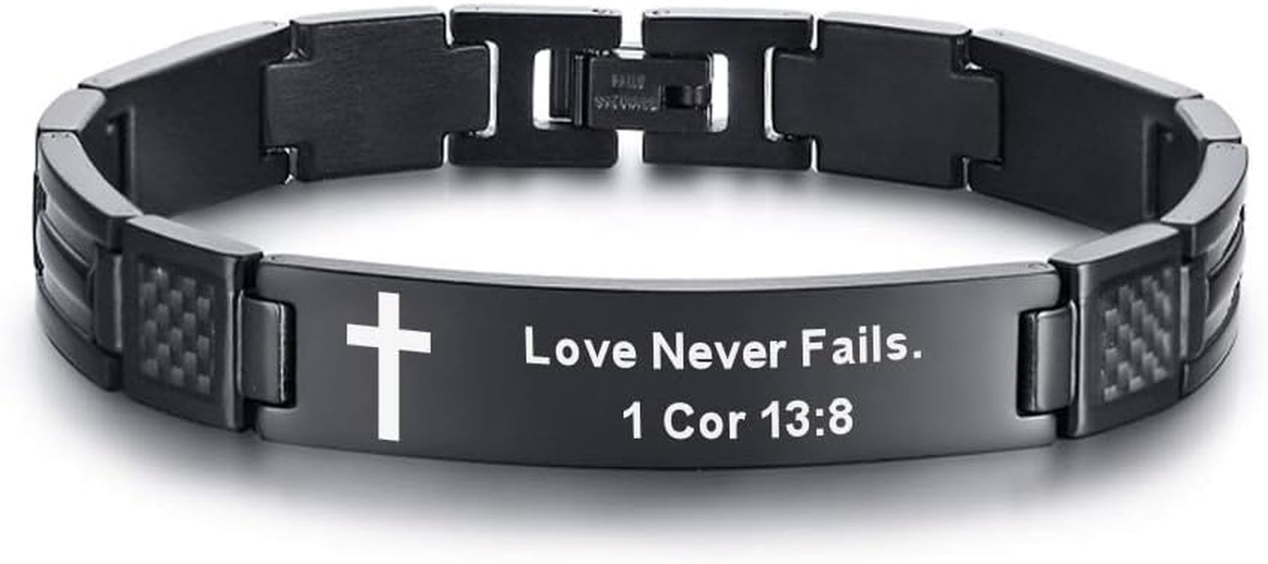 Stainless Steel Religous Scripture Quote Faith Christian Bible Verse Inspirational Cross Carbon Fiber Link Bracelet for Men
